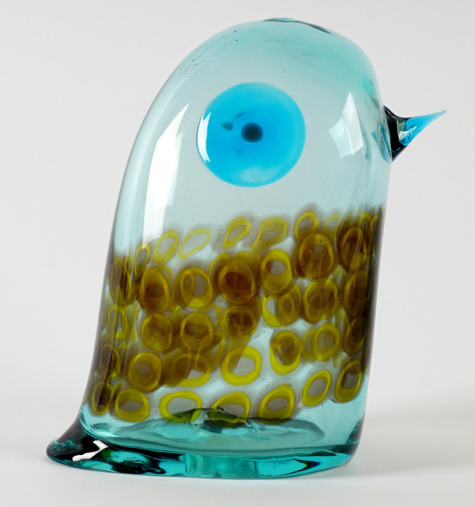 Antonio Da Ros for Cendese Pulcino Glass Sculpture: Murano / Italian figure of a blue/green glass bird with blue eyes and beak, strips of brown spots, unpolished pontil scar, 7.25" h. x 6.5" x 3.5".