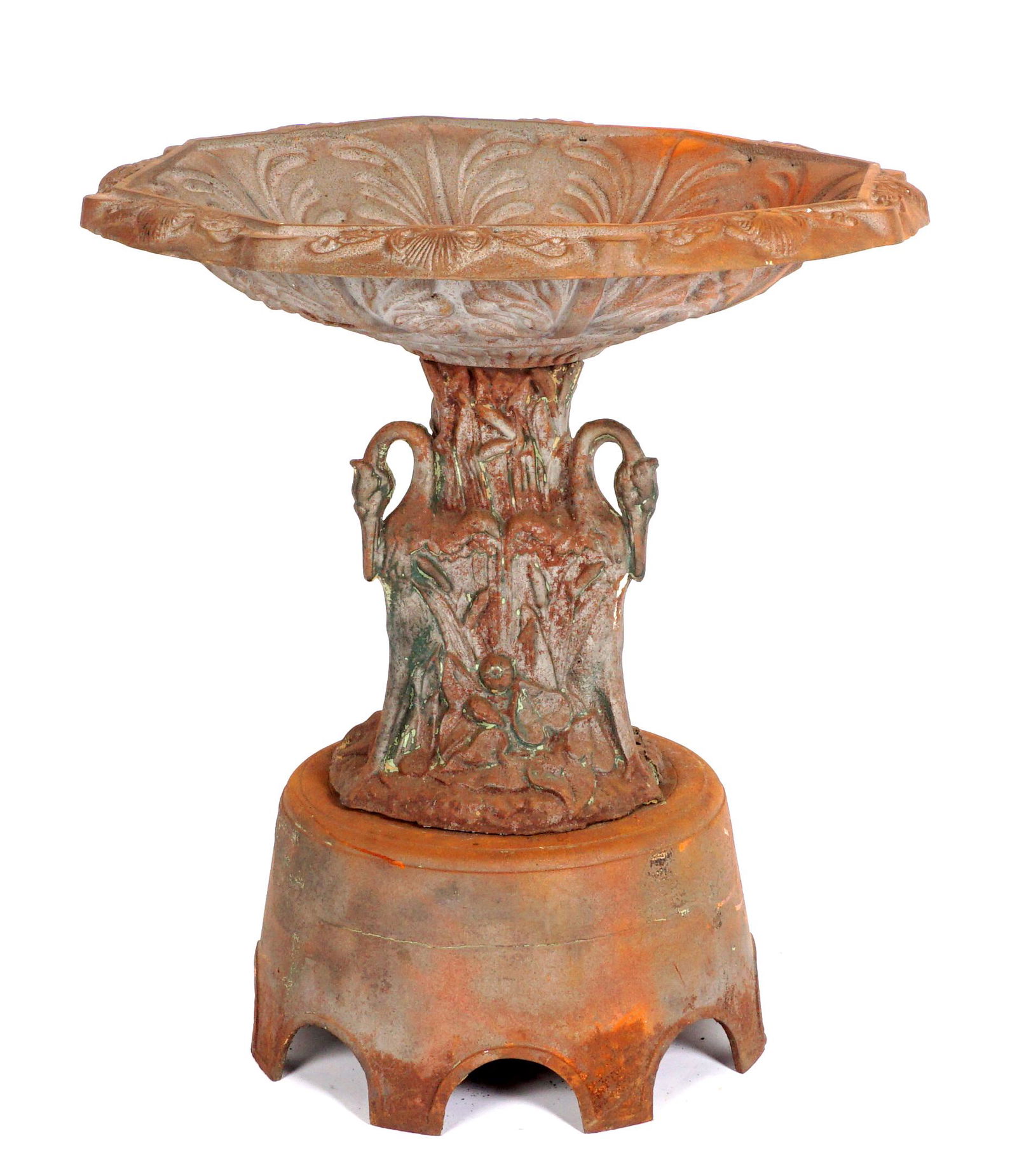 Attrib. J. W. Fiske Cast Iron Egret Bird Bath: Heavy cast iron bird bath, foliate and shell motif bowl, center column featuring three egrets, round base with scalloped feet. Overall 36.5" h. x 33.5". Condition: Obvious weathering, surface rust, mi