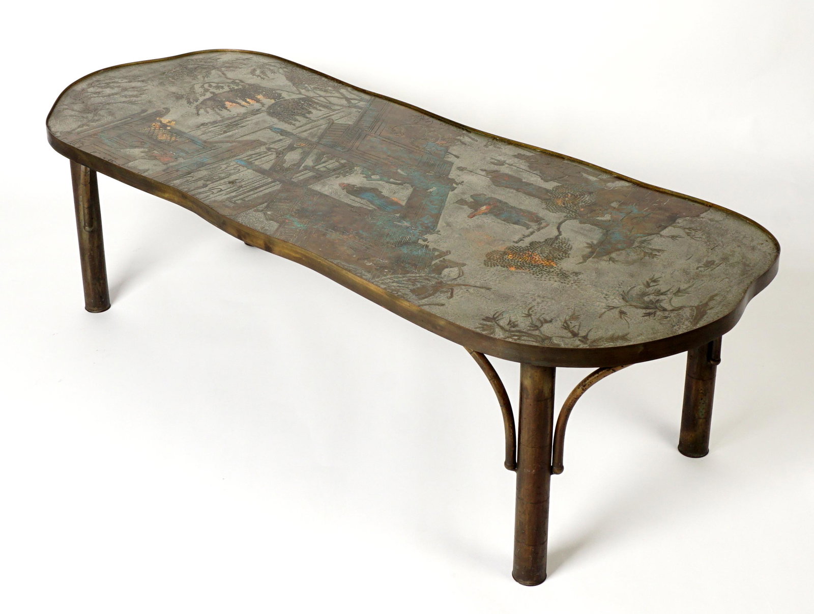 Philip Kelvin Laverne Special Chan Coffee Table: "Special Chan #140" coffee table with Chan design rotated from typical direction. Serpentine edge, etched, patinated, and polychrome decoration, signed on to Philip & Kelvin Laverne, partial original