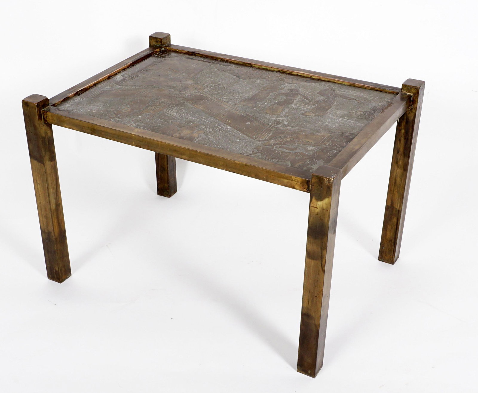 Philip & Kelvin Laverne Chan Side Table: Mixed metal side table in the "Chan" pattern, signed P. K. Laverne, bronze legs, original sales label underneath, overall 17" x 26" x 19". Condition: Wear consistent with age and use.