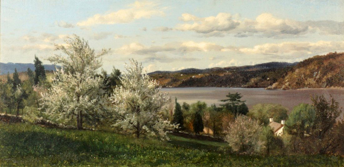 Frederic Rondel Sr. Spring Hudson Valley Painting: RONDEL Sr., Frederic, (American, 1826-1892): "Spring", Hudson Valley scene, Oil/Canvas, signed lower right, signature very weak, faded paper label verso identifies Rondel and title, 11.25 h. x 22", fr