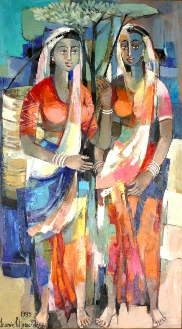 Iromie Wijewardena Two Women Painting: WIJEWARDENA, Iromie, (Sri Lanka, 20th/21st Century): Vibrant figures of two standing Sri Lankan women, Oil/Board, signed and dated 1999 lower left, 38.5" x 21.5", framed 47.75" x 30.75".