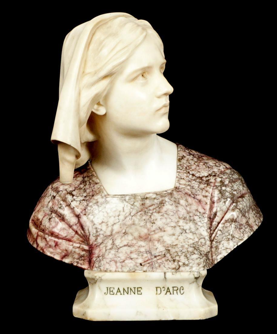 Prof. G. Besji Italian Marble Bust "Jeanne D'Arc": 19th Century marble bust of Joan of Arc titled "Jeanne D'Arc", variegated marble shirt, on removable base. Signed Prof. G. Besji and Made in Italy. Overall 20.5" h. x 18.5" x 10.25".