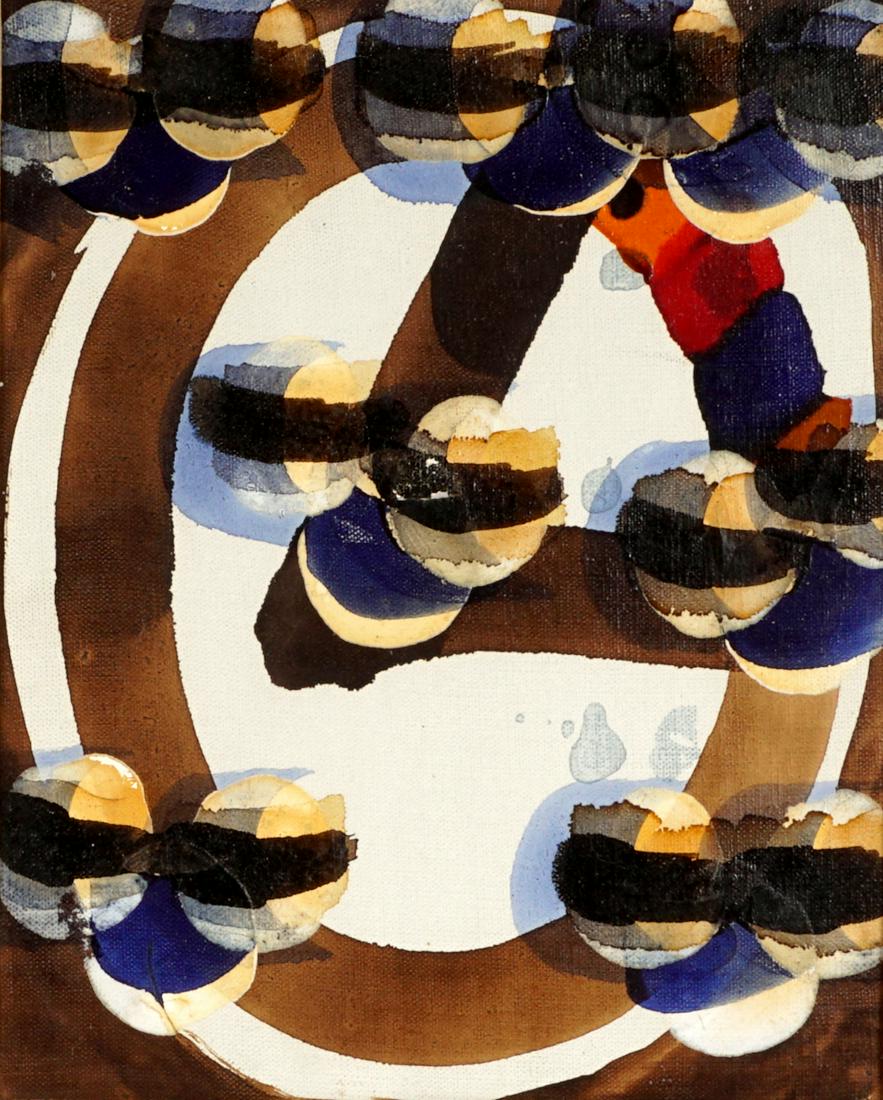 Carl Fredrik Reutersward 1962 "Game" Composition: REUTERSWARD, Carl Fredrik, (Swedish, 1934-2016): "Game", abstract composition, Oil/Canvas, pencil signed verso, titled and dated 1962, 11" x 8.75", framed 15.75" x 13.75". Condition: Scattered craquel