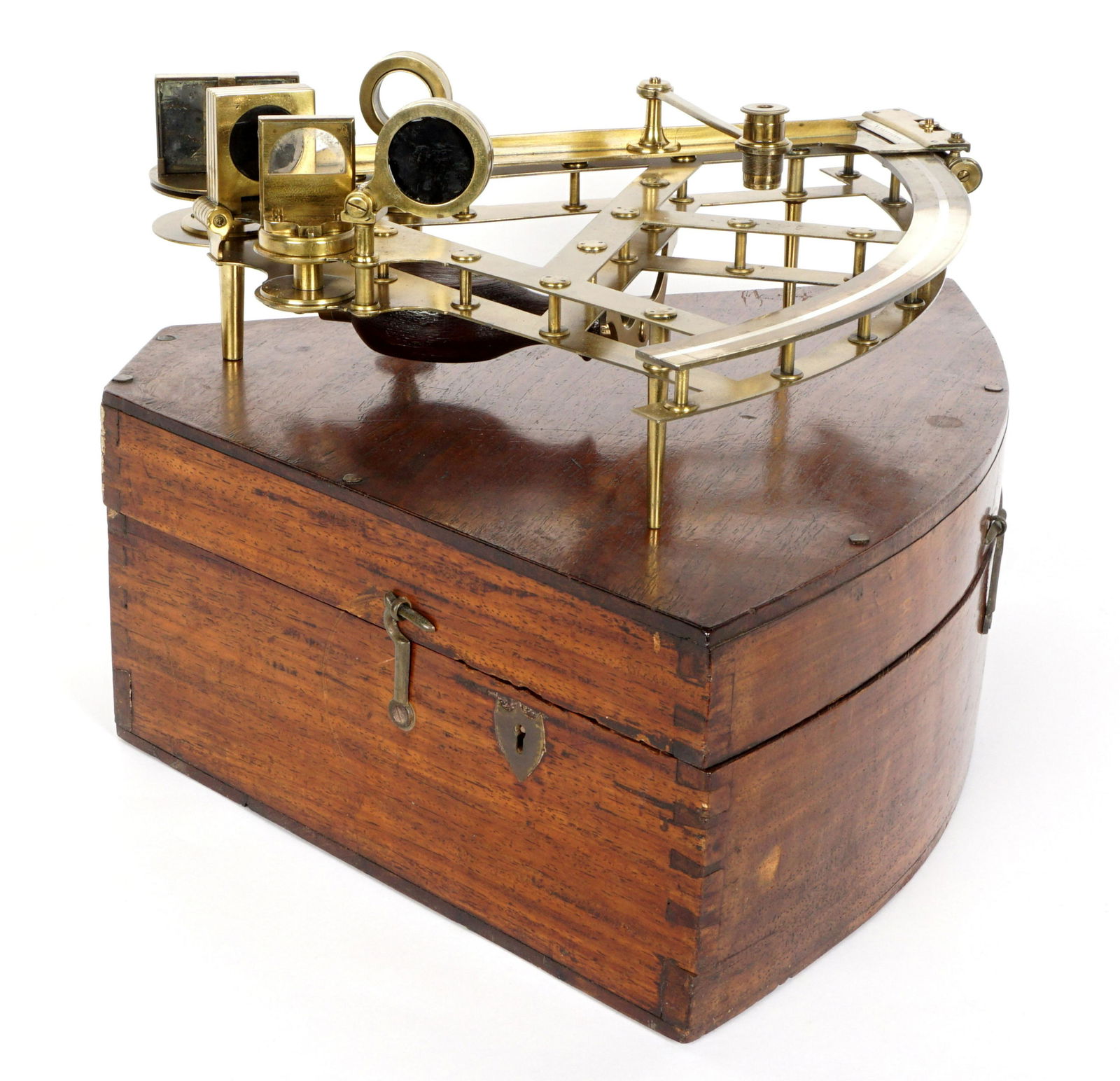 Troughton Double Frame Brass Sextant: Double frame Vernier brass sextant by Troughton, London, number 970, 12.75" radius, sold with accompanying accessories and fitted mahogany box. Overall measures 5.25" h. x 15.25" x 12.5". Condition: O