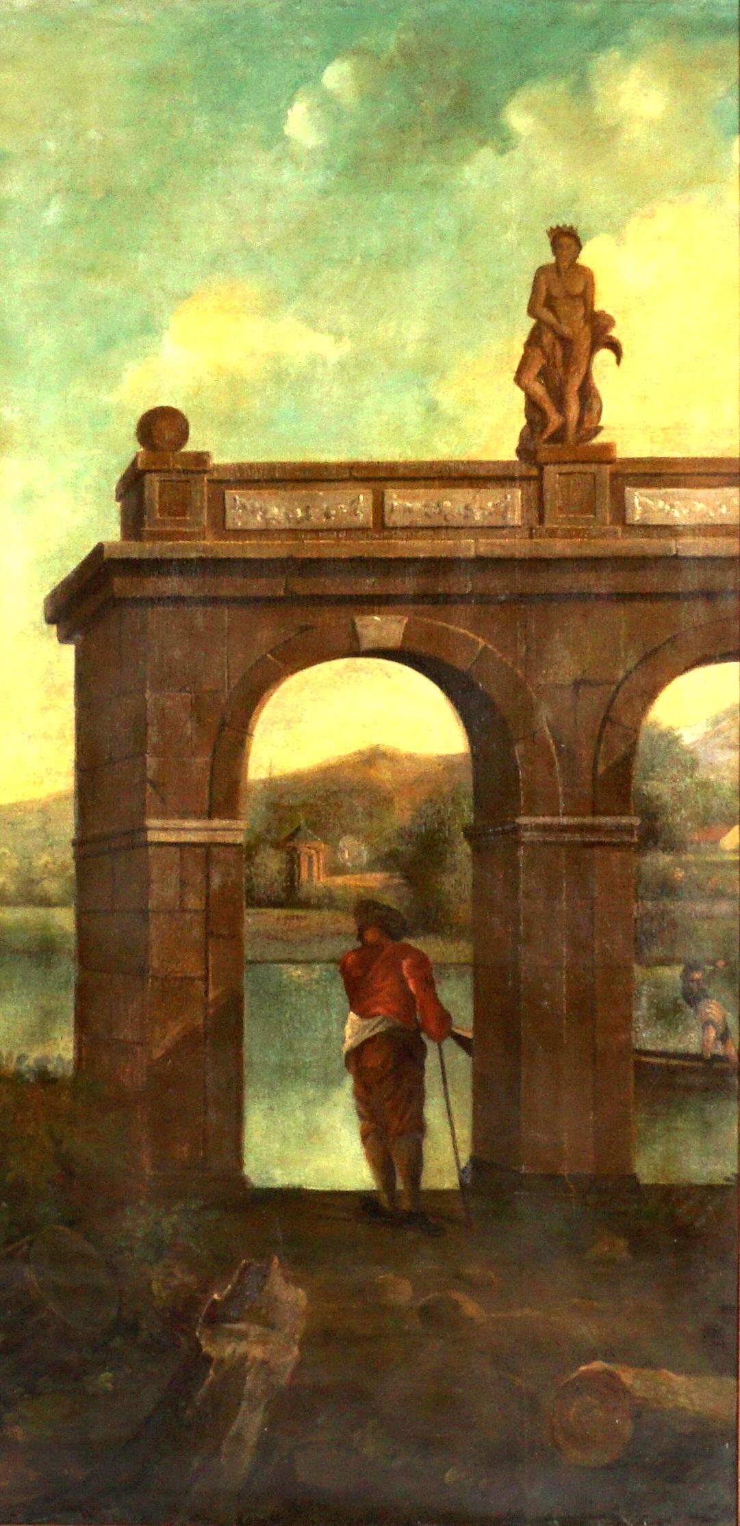 Large 19th C Italian Landscape Painting: 19th Century Italian landscape with figures, arches, and gondola, Oil/Canvas, no visible signature, 76.5" x 36.75", framed 80.5" x 41.5". Condition: Wax reline, indention in center of canvas, craquelu