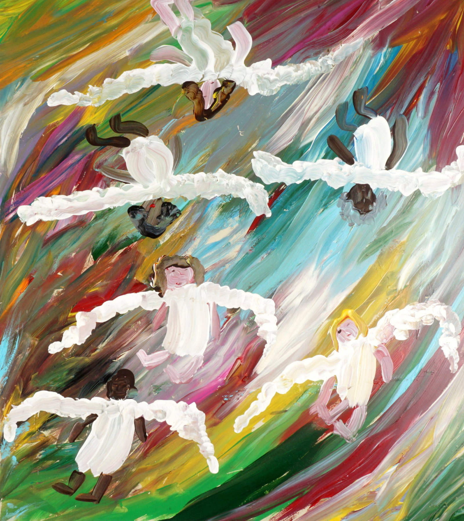 Woodie Long Angels Folk Art Painting: LONG, Woodie, (American, 1942-2009): Flying angels on polychrome sky, Oil/Found Aluminum Panel, unsigned, 17.5" x 14.5", unframed, Gallery label verso. Provenance: Acquired directly from the daughter