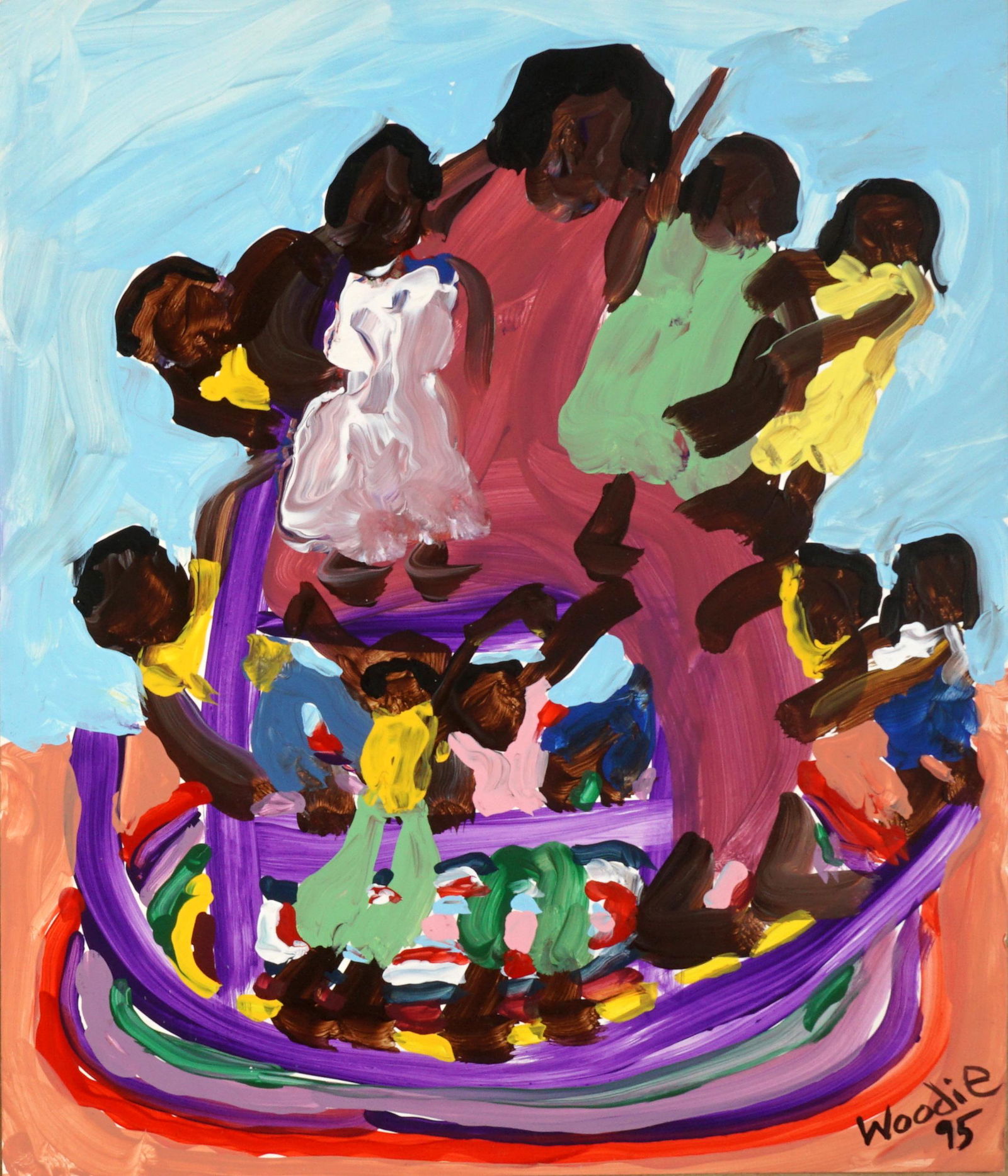 Woodie Long Figures in a Bowl Folk Art Painting: LONG, Woodie, (American, 1942-2009): Figures in a bowl, Oil/Paper, signed and dated '95 lower right, 14" x 12", unframed. Gallery label verso. Provenance: Acquired directly from the daughter of Woodie