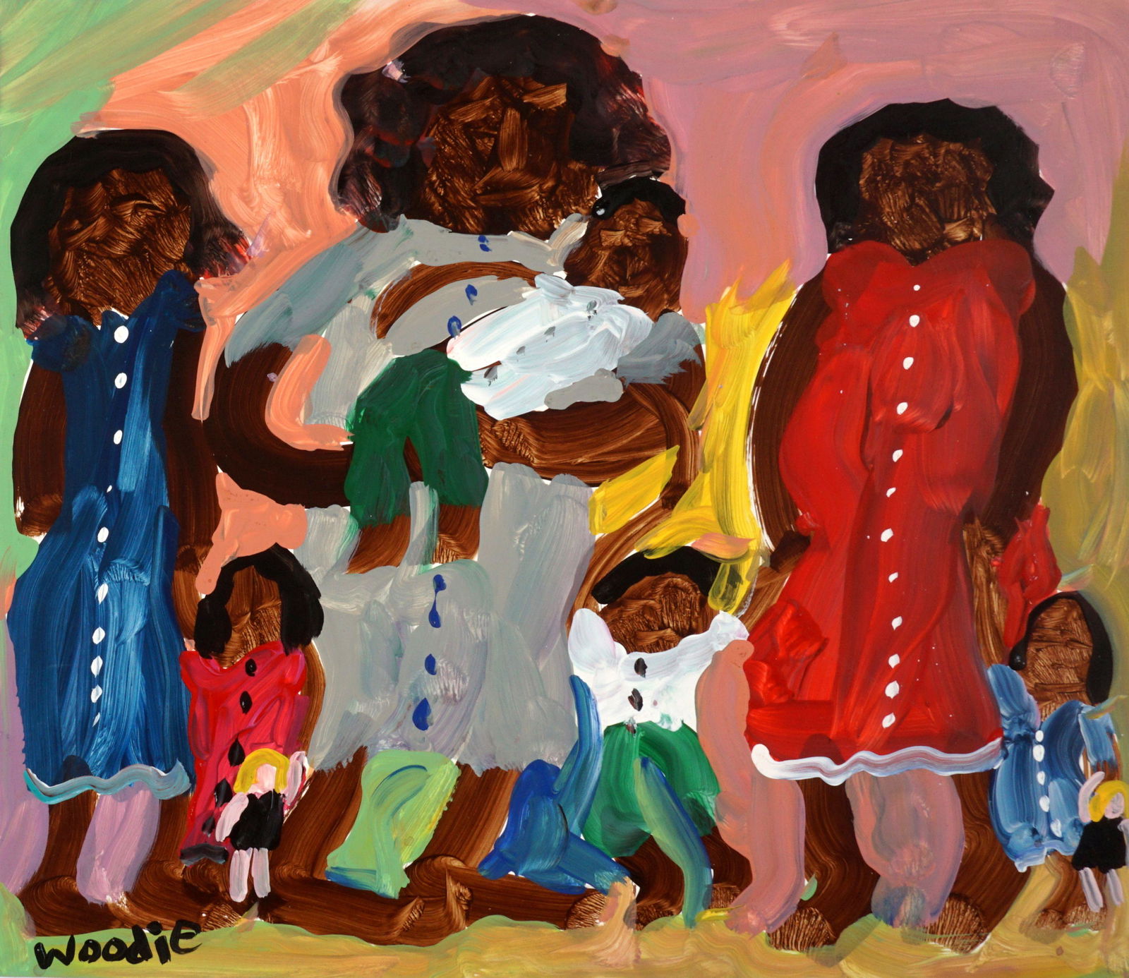 Woodie Long Women and Children Folk Art Painting: LONG, Woodie, (American, 1942-2009): Three women with children, Oil/Paper, signed lower left, 12.5" x 14" , unsigned. Gallery label verso. Provenance: Acquired directly from the daughter of Woodie Lon