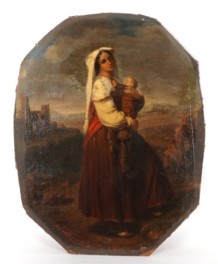 Portrait of Woman with Child Signed Corot: Attributed COROT, Jean-Baptiste-Camille, (French 1796-1875): Portrait of a maiden holding a child in landscape with castle in background, Oil/Panel, signed lower right, Corot, Vente, and dated 1874. I