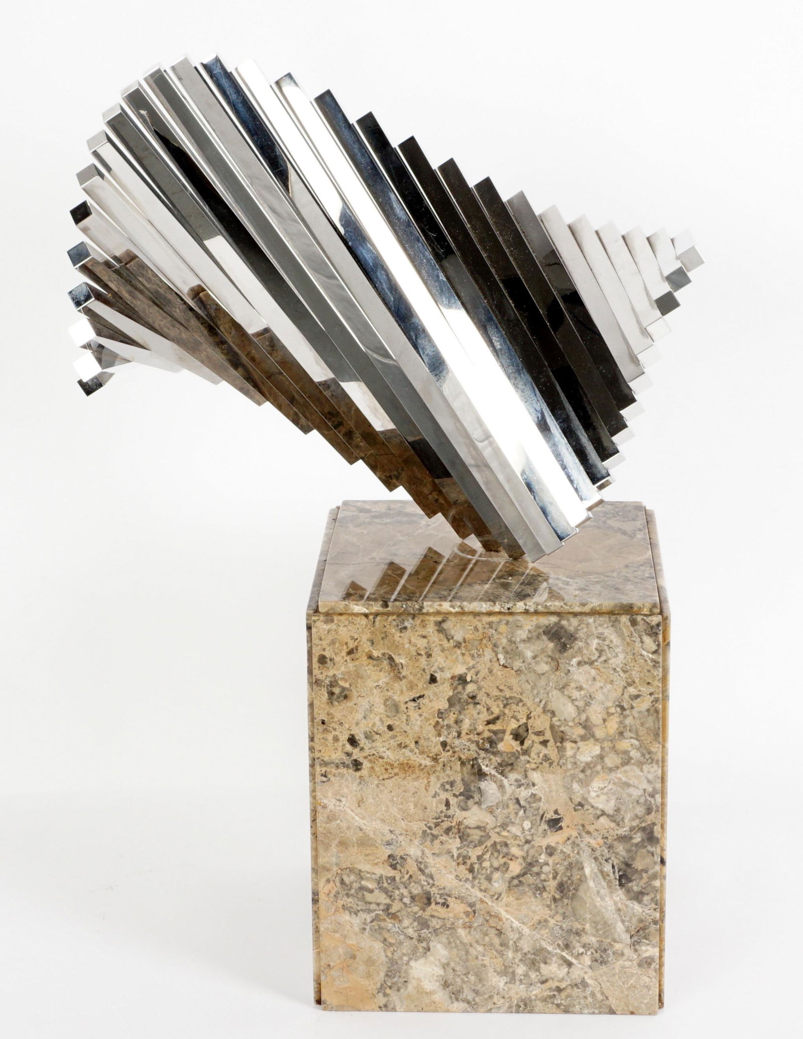 David Lee Brown Stainless Steel Sculpture: BROWN, David Lee, (American, 1939-): Stainless steel bars attached to form a wave sculpture, on marble plinth, no visible signature, overall 22" h. x 15" x 8.5".