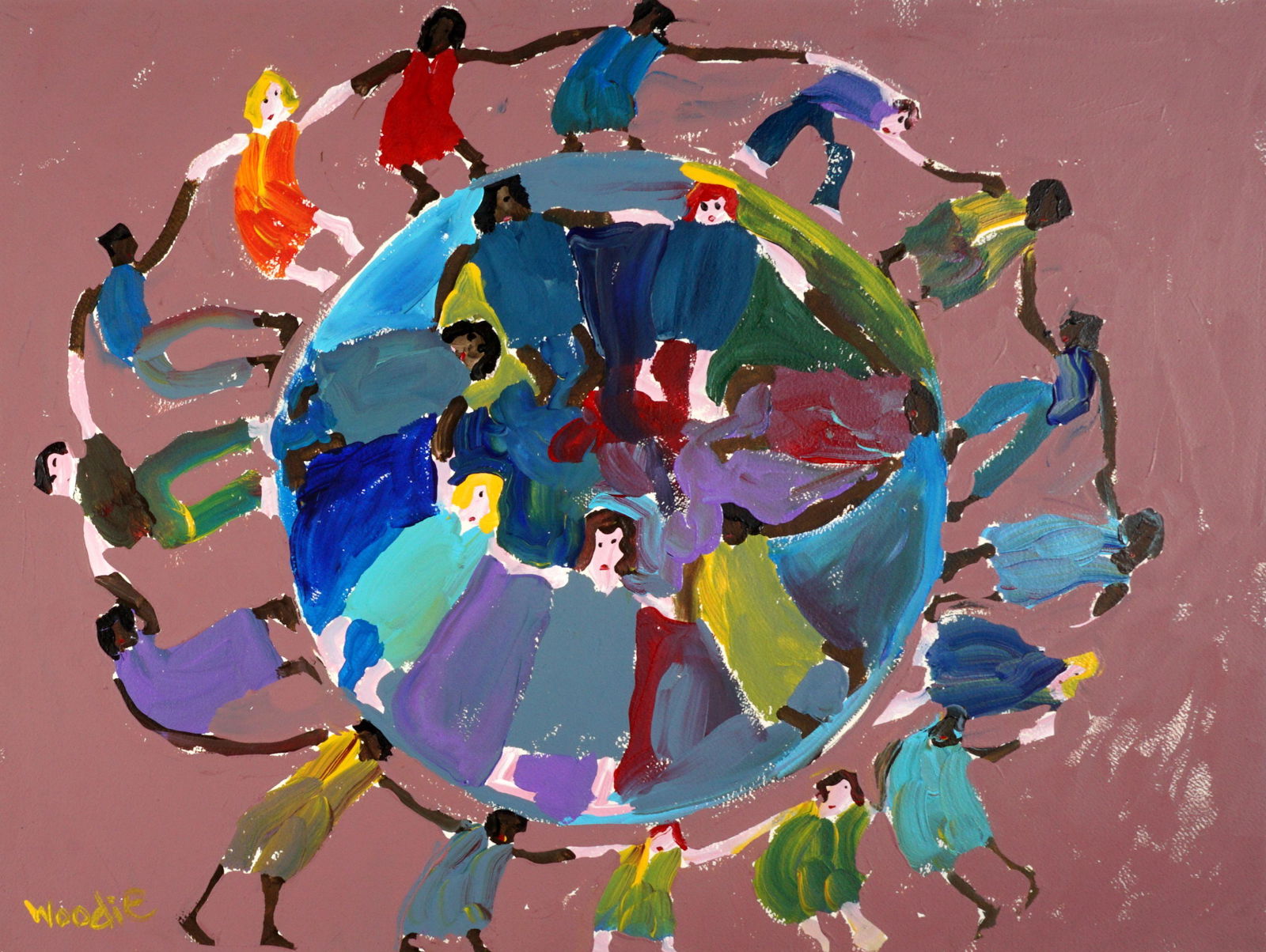 Woodie Long People Around the World Folk Art: LONG, Woodie, (American, 1942-2009): Figures around the world, Oil/Paper, signed lower left, 18" x 24", unframed. Gallery label verso. Provenance: Acquired directly from the daughter of Woodie Long.