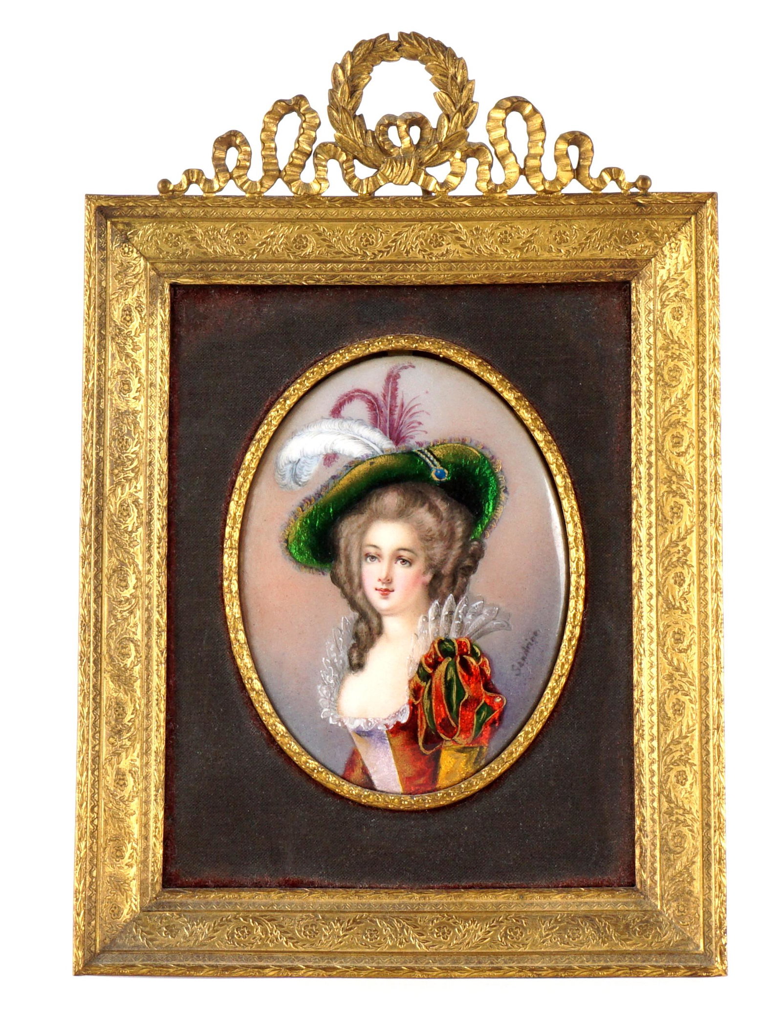 Miniature Enamel Portrait Signed Sandrine: Portrait bust of a French woman, Enamel/Porcelain, signed Sandrine lower right, 3.5" x 2.75", framed 1" x 8.25" x 5.5".