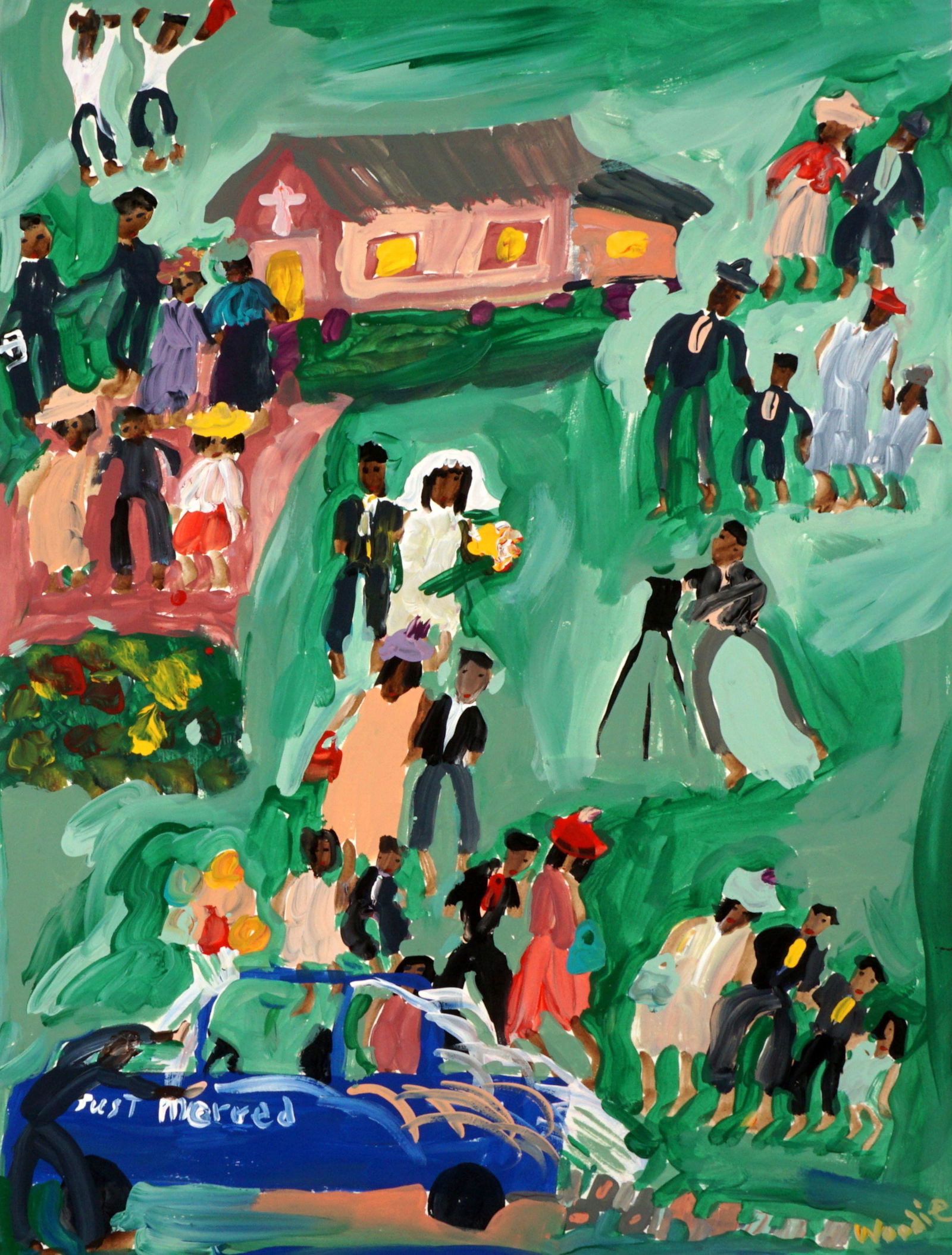 Woodie Long Just Married Folk Art Painting: LONG, Woodie, (American, 1945-2009): "Just Married" (spelled Marred on car), church, figures, and car, Oil/Paper, signed lower right, 24" x 18", unframed. Gallery label verso. Provenance: Acquired dir