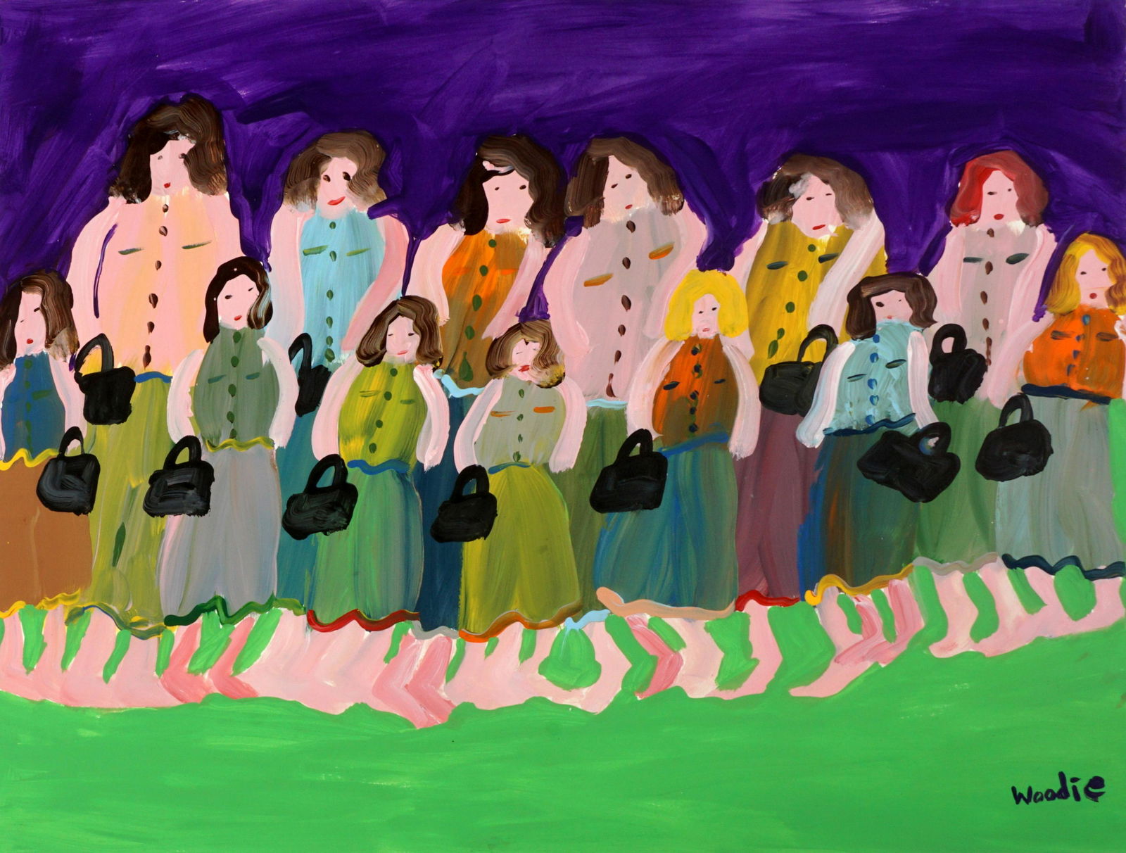 Woodie Long Thirteen Women with Purses Folk Art: LONG, Woodie, (American, 1942-2009): Thirteen women in long dresses and holding purses, Oil/Paper, signed lower right, 18" x 24", unframed. Gallery label verso. Provenance: Acquired directly from the