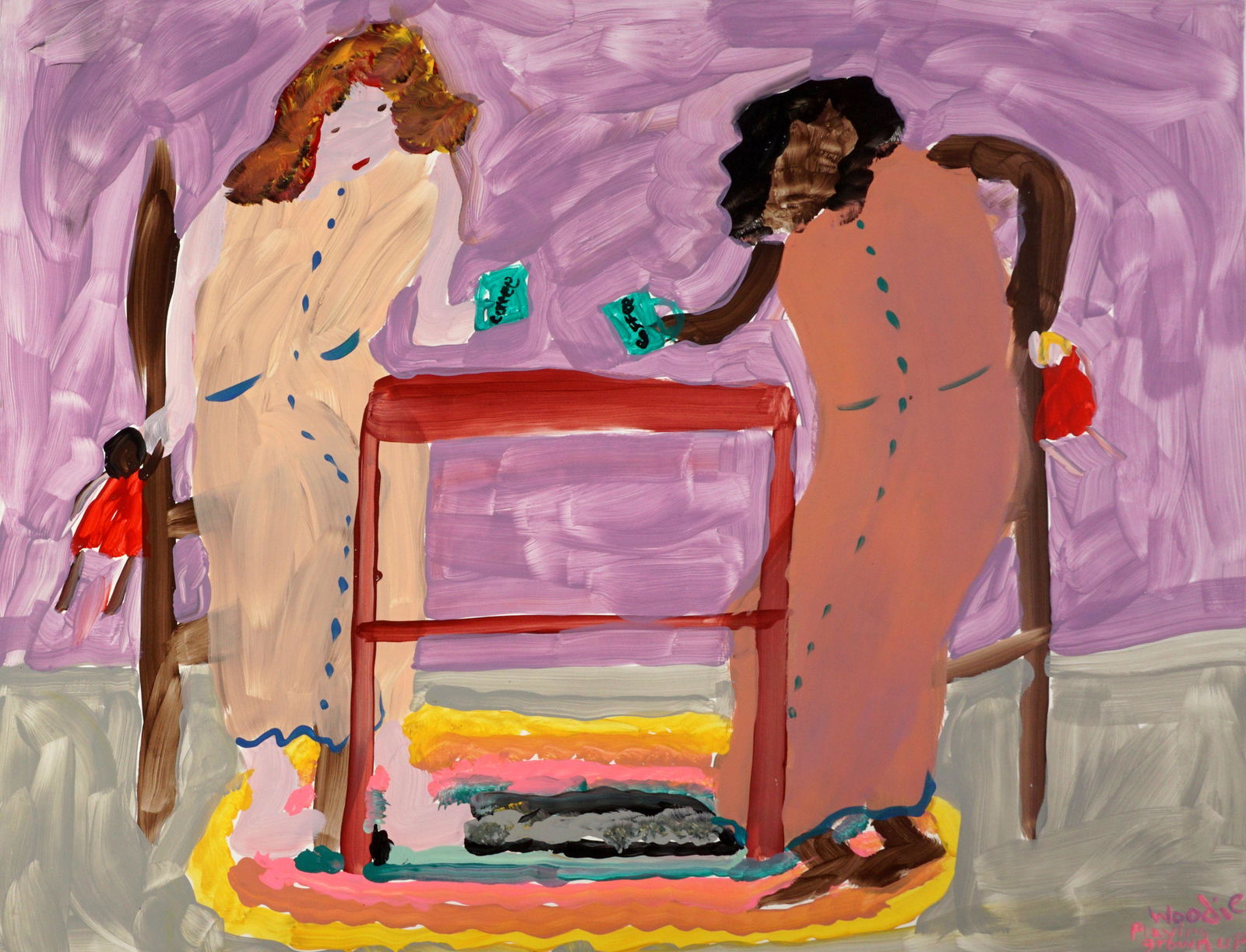 Woodie Long Playing Grown Up Folk Art Painting: LONG, Woodie, (American, 1942-2009): "Playing Grown Up", two seated girls holding coffee cups and dolls, Oil/Paper, signed and titled lower right, 20" x 26", unframed. Gallery label verso. Provenance: