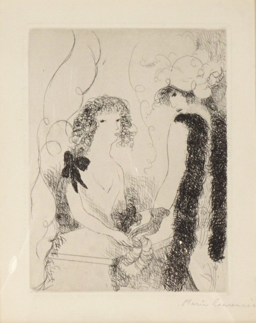 Marie Laurencin Etching of Two Women: LAURENCIN, Marie, (French, 1883-1956): "Frivolités ou la marchande de rubans", Etching/Paper, pencil signed, plate size 7.75" x 5.75", framed 19.25" x 17.5".