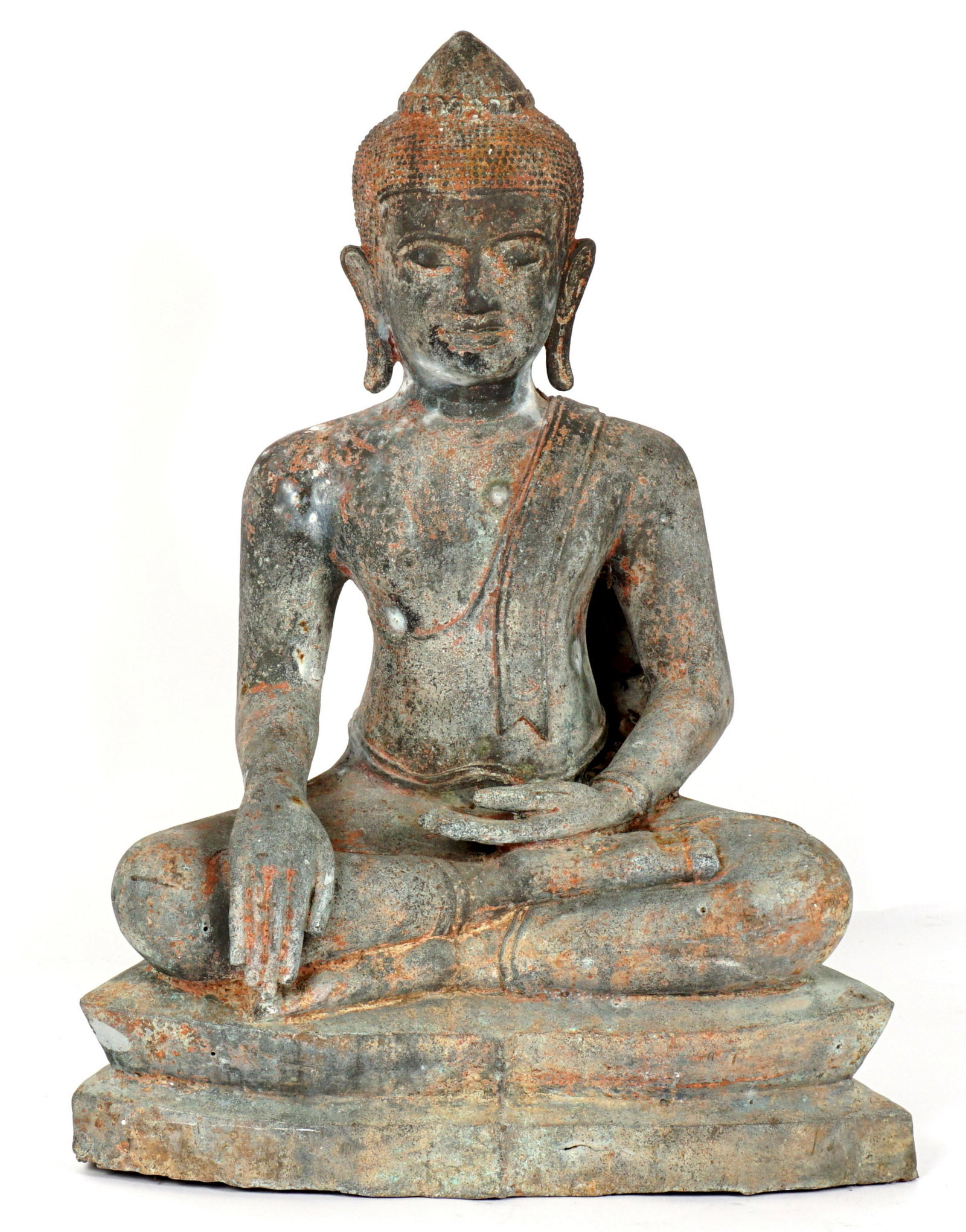 Large Southeast Asian Bronze Seated Buddha: Early 20th Century figure of Buddha in seated lotus position, overall measures 30.75" h. x 23" x 14". Condition: Traces of red paint, obvious weathering.