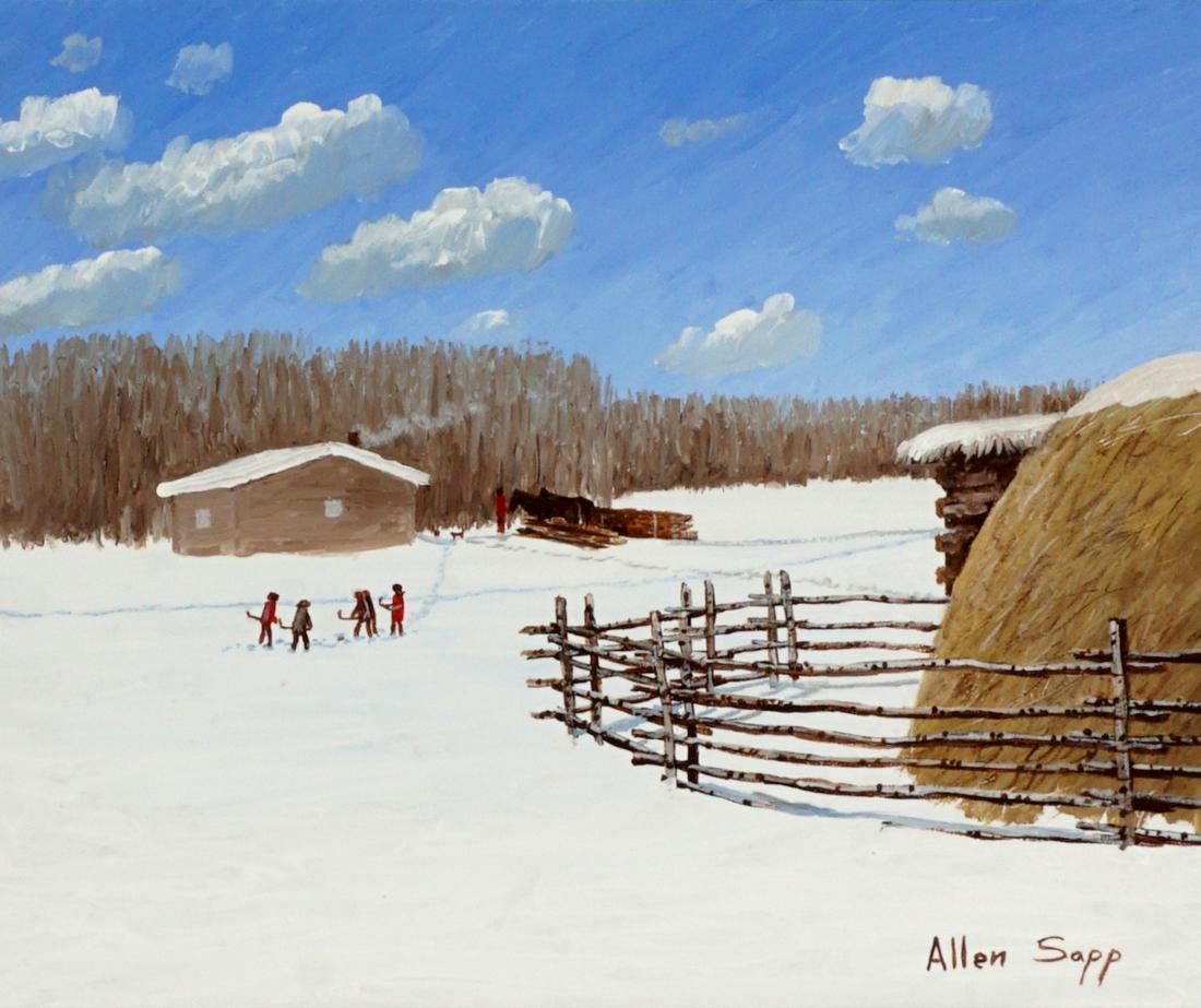 Allen Sapp Winter Farm Landscape Painting: SAPP, Allen Frederick, (Canadian, 1929-2015): Children playing field hockey in the snow at a farm, Oil/Canvas, signed lower right, 20" x 24", framed 22.75" x 26.75".