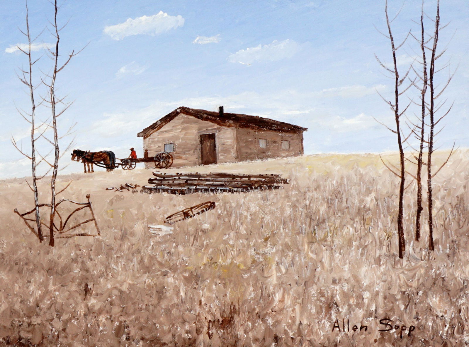 Allen Sapp Prairie Landscape with Wagon: SAPP, Allen Frederick, (Canadian, 1929-2015): Prairie scene with man driving a horse and wagon in front of house, Oil/Canvas, signed lower right, 18" x 24", framed 20.25" x 26.25".