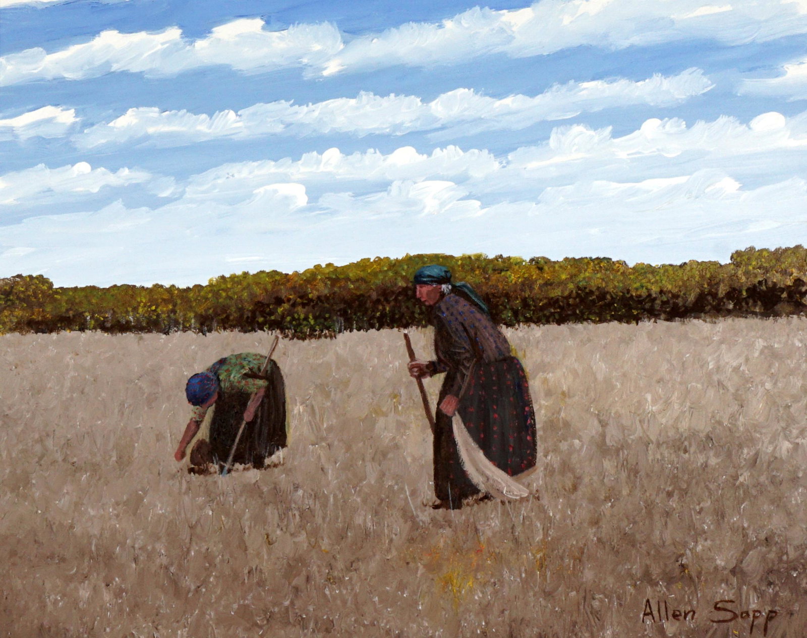 Allen Sapp Women Sowing Seeds in Field Painting: SAPP, Allen Frederick, (Canadian, 1929-2015): Two women sewing seeds in a field, Oil/Canvas/ signed lower right, 24" x 30", framed 26" x 32".