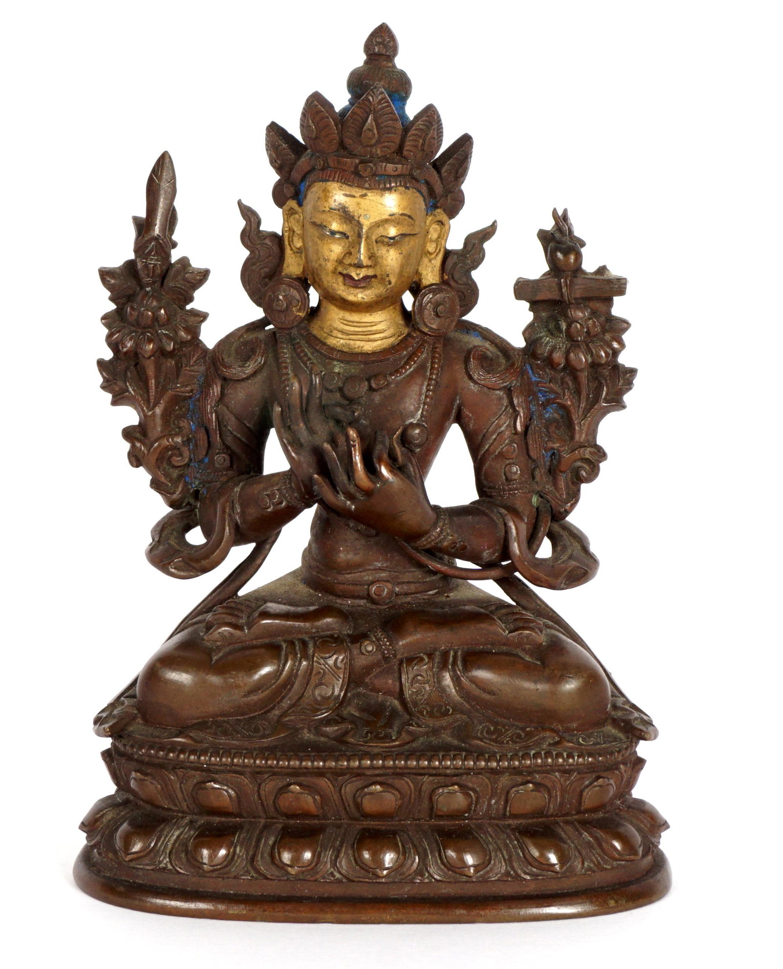 Chinese Qing Seated Bronze Buddha: Figure of seated Buddha or Bodhisattva on lotus blossom, gilt face, traces of blue decoration hair. Engraved decoration on base, 4.25" h. x 3.25" x 2.25".