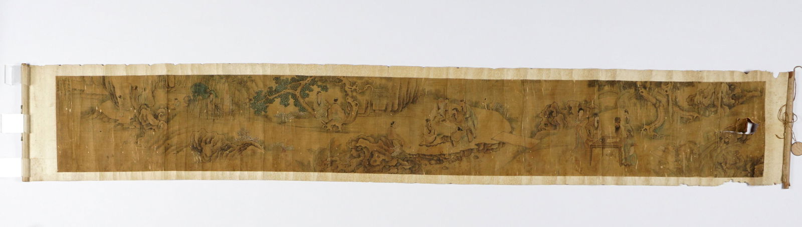 Attrib. Wen Zhengming Scholars in Landscape Scroll: Attributed ZHENGMING, Wen, (Chinese, 1470-1559): Horizontal scroll depicting multiple genre scenes in landscape, Ink/Watercolor/Paper From left to right depicts scholar and attendants writing on mount