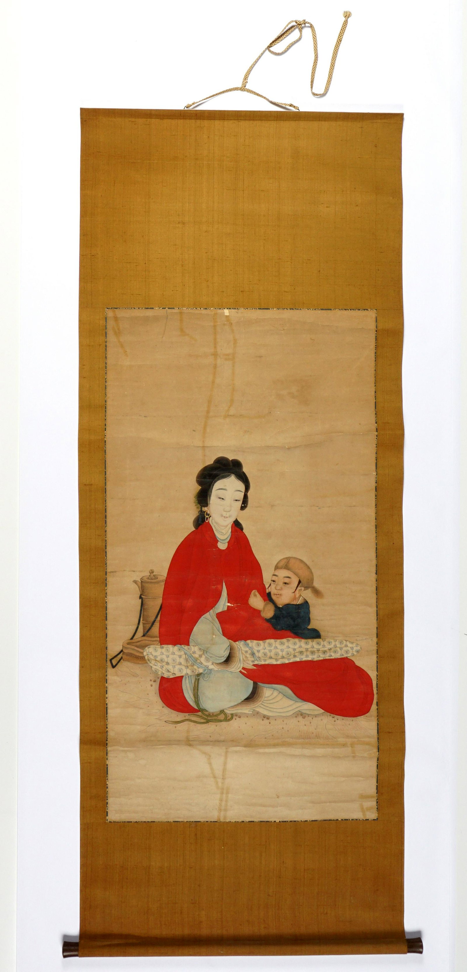 Chinese Mother and Child Watercolor Scroll: Portrait of a seated woman with a child, Watercolor/Gouache/Paper, unsigned, overall 70" x 30". Condition: Paint fleck and craquelure.