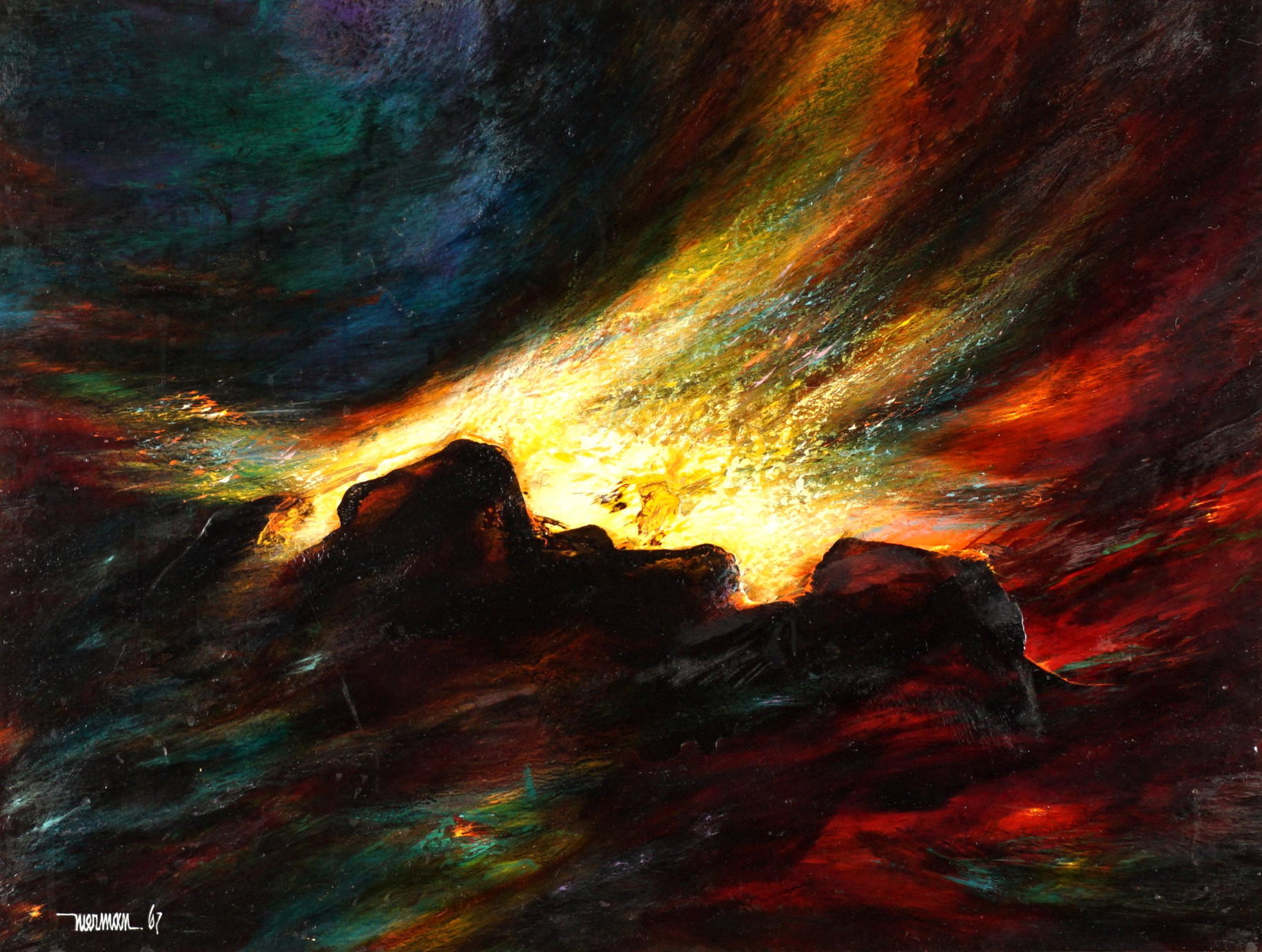 1967 Leonardo Nierman Abstract Oil/Masonite: NIERMAN, Leonardo, (Mexican, 1932-): Untitled abstract composition, Oil/Masonite, signed and dated lower left, 23.5" x 31.5", framed 31.5" x 39".