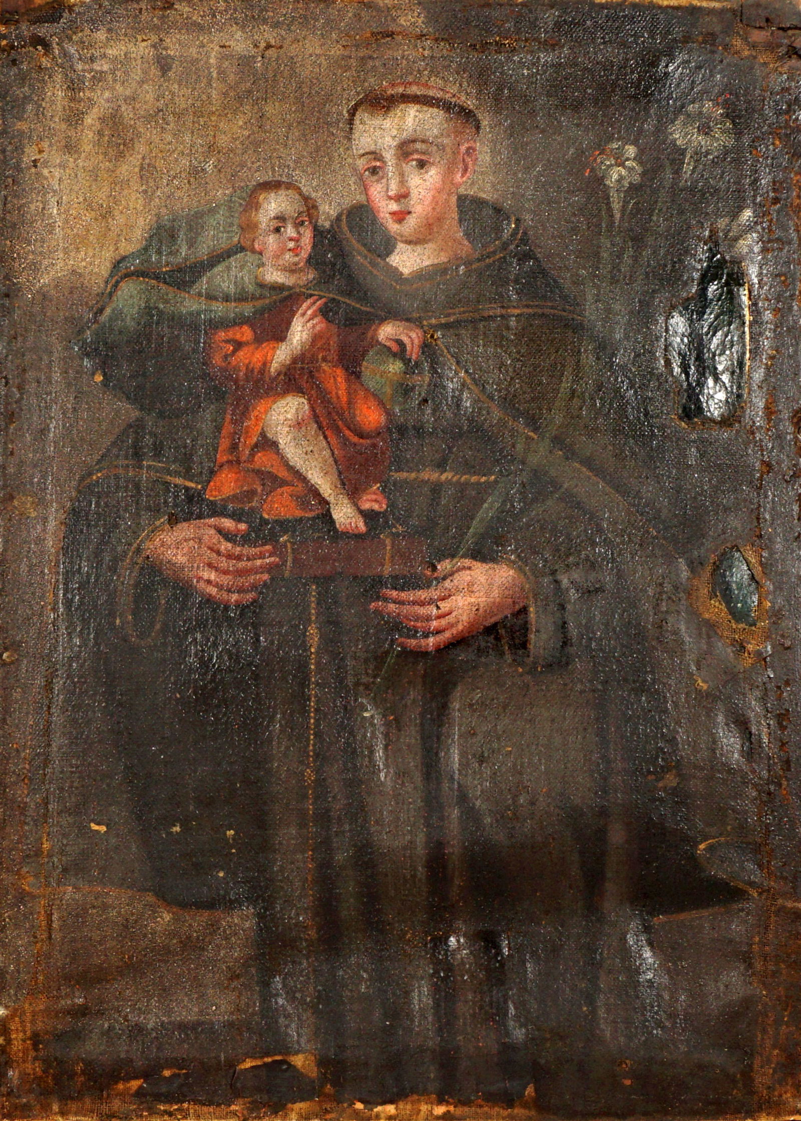Cuzco School Painting St. Anthony of Padua: Cuzco School Oil on Canvas of St. Anthony of Padua holding the Christ Child, 22.75" x 16.5". Condition: Repairs, sold with all faults.