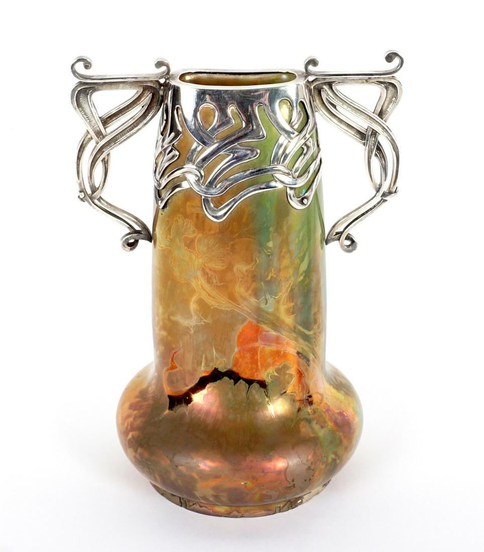 Attrib. Levy-Dhurmer Massier Silver Mounted Vase: Attrib. LEVY-DHURMER, Lucien, (French, 1865-1953) for Clement Massier, art nouveau iridescent gilt glaze vase with subtle floral motif, double handle silver mount marked with French sterling hallmark.