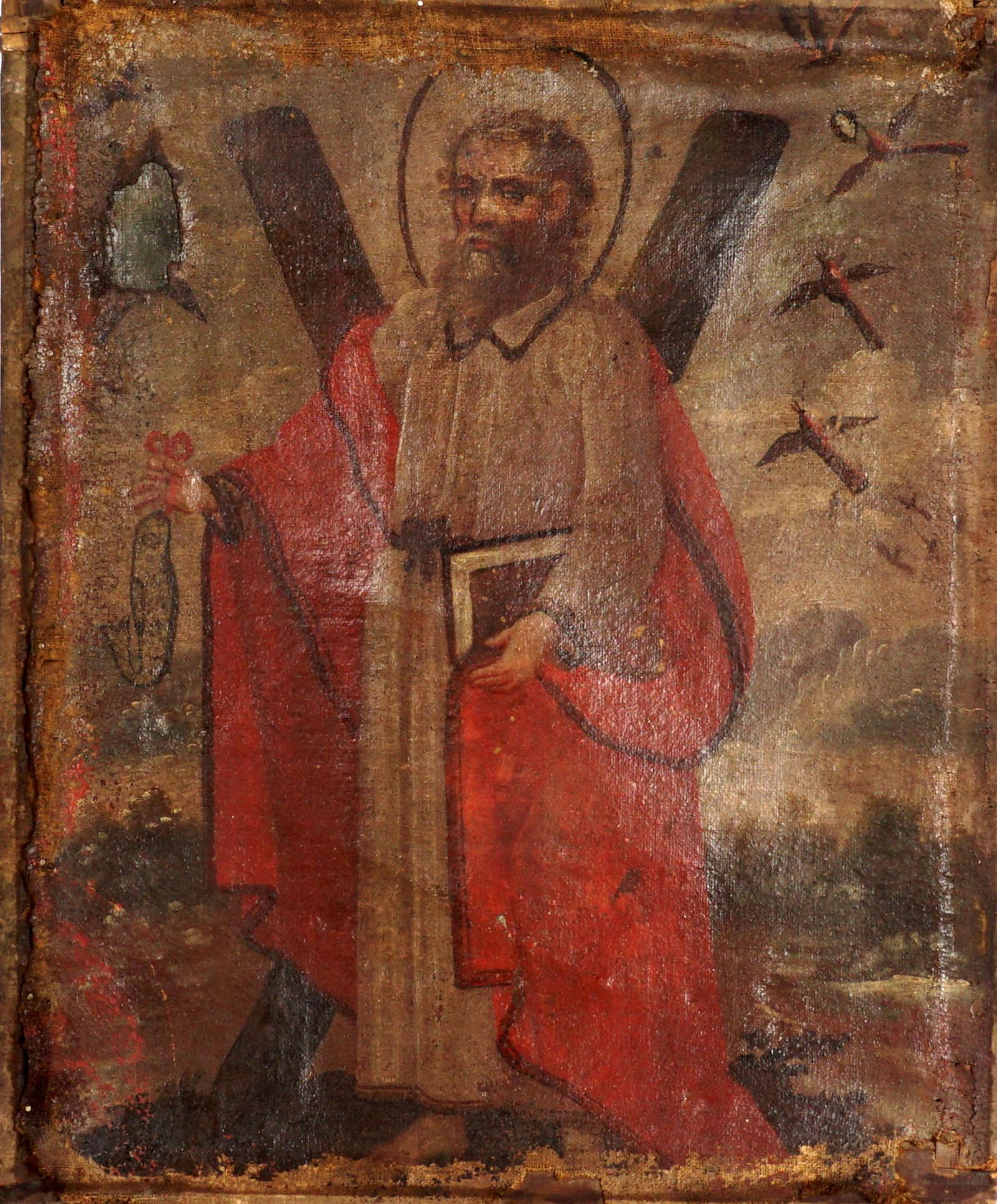 Cuzco School Painting of St. Andrew: Cuzco School Oil on Canvas of St. Andrew holding a fish in one hand and a bible in the other, 20.75" x 17.5". Condition: Repairs, sold with all faults.