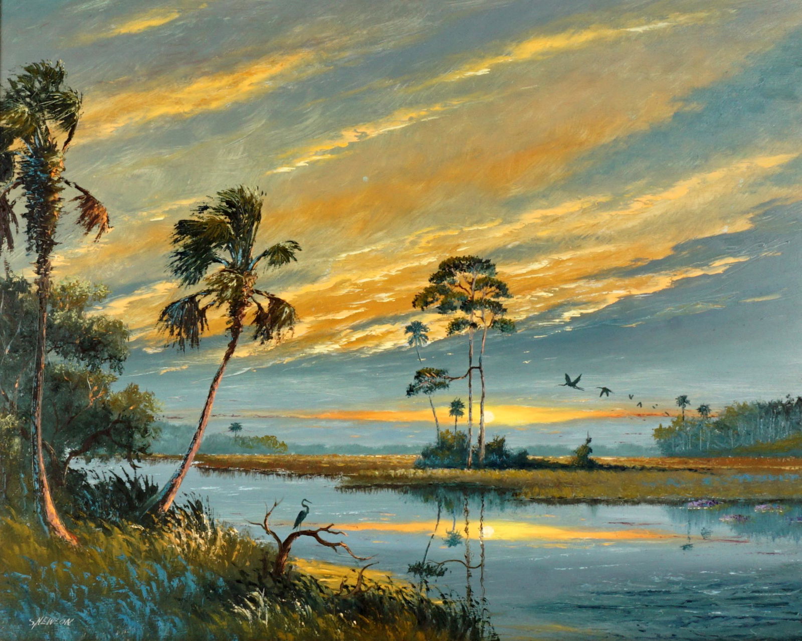 Sam Newton Florida Highwaymen Backwaters Sunset: NEWTON, Samuel, (American, 1948-): Florida Highwaymen backwaters sunset scene with palm trees, pine trees, and birds in flight, Oil/Masonite, signed lower left, 24" x 30", framed 28.75 "x 35".