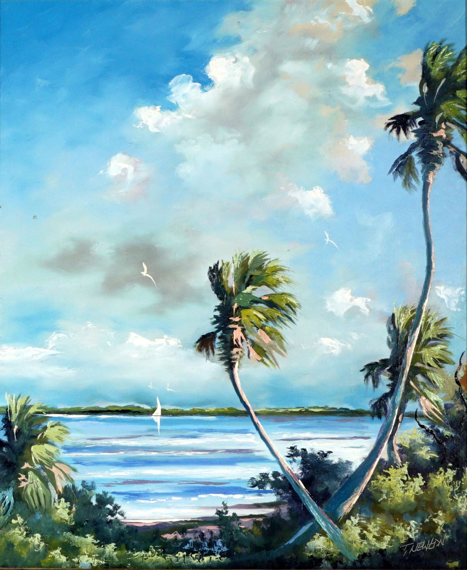 Tracy Newton 2nd Gen Highwaymen Painting: NEWTON, Tracy, (American, 21st Century): Son of Florida Highwaymen Sam Newton, Mosquito Lagoon scene with boat, Oil/Masonite, 24" x 20", 32.5" x 28.5".