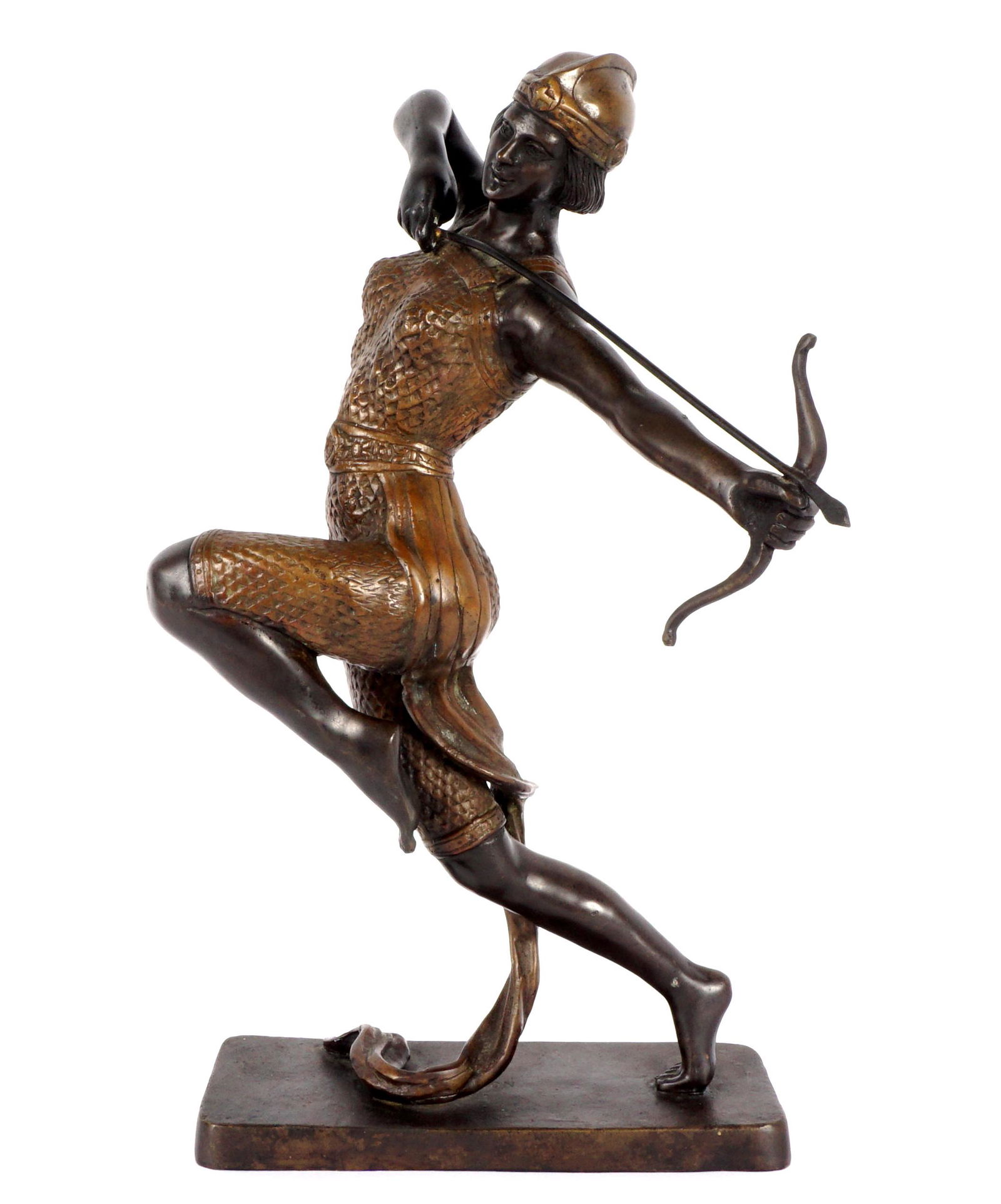 Art Deco Bronze Woman Archer Signed Bronson: Art Deco bronze figure of a armored woman with bow and arrow, signed Bronson on base, overall measures 20.5" h .x 12.25" x 12".