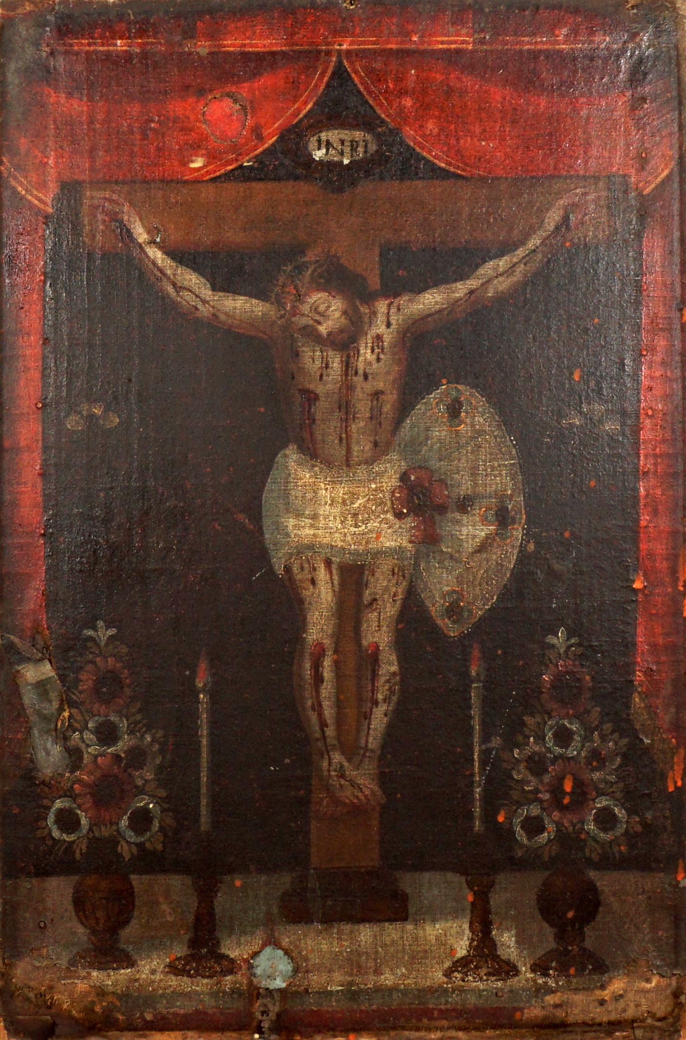 Cuzco School Painting of Christ on the Cross: Cuzco School Oil on Canvas featuring Christ on the Cross, 25" x 16.75". Condition: Repairs, sold with all faults.
