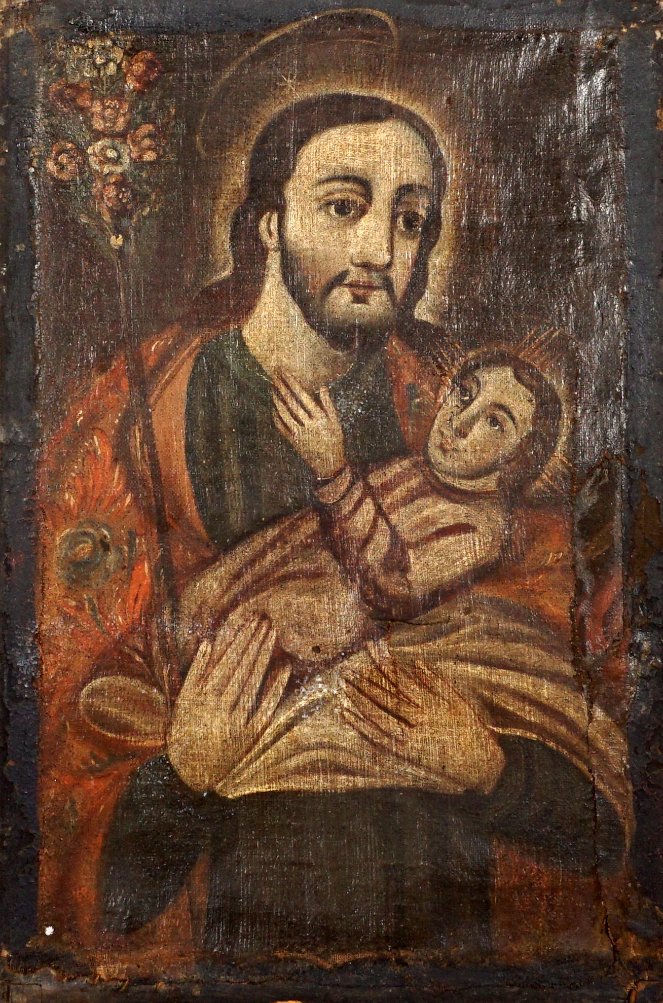 Cuzco School Painting of Saint Joseph: Cuzco School Oil on Canvas of Saint Joseph holding the baby Jesus and a flowering rod, 24.75" h. x 16.75". Condition: Repairs, sold with all faults