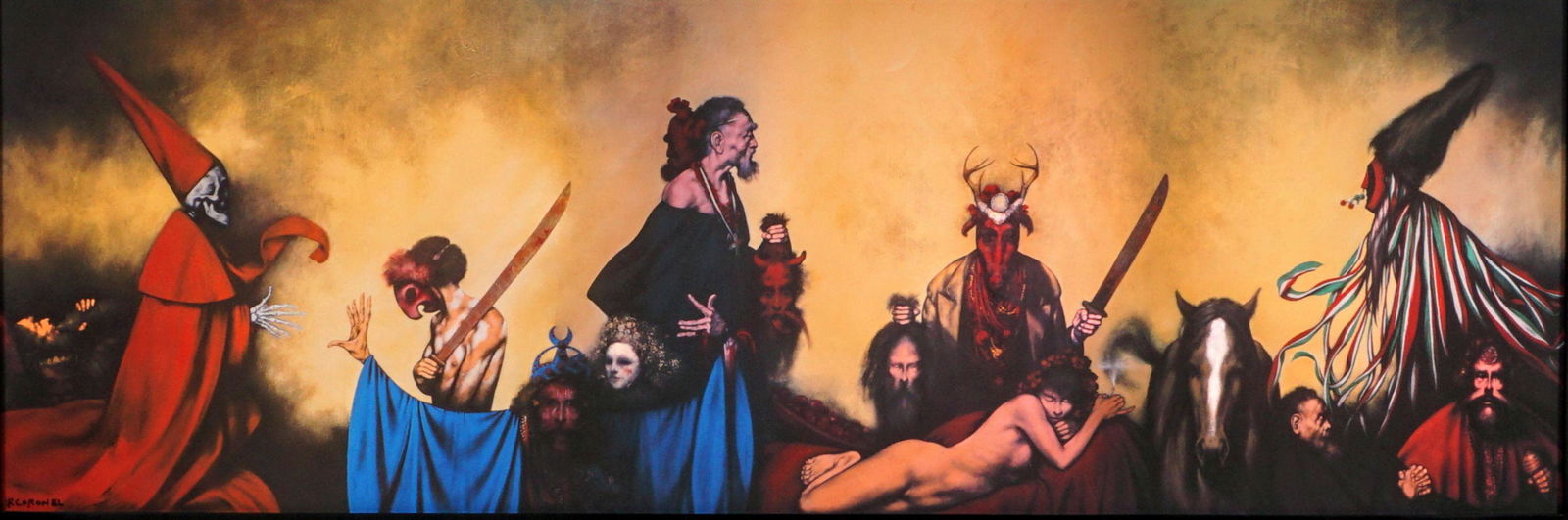 Rafael Coronel "Hell" Giclee: CORONEL, Rafael, (Mexican, 1932-): "Hell", large giclee on canvas, signed in the print lower right, 25.5" x 75.5", framed 39" x 89.25".