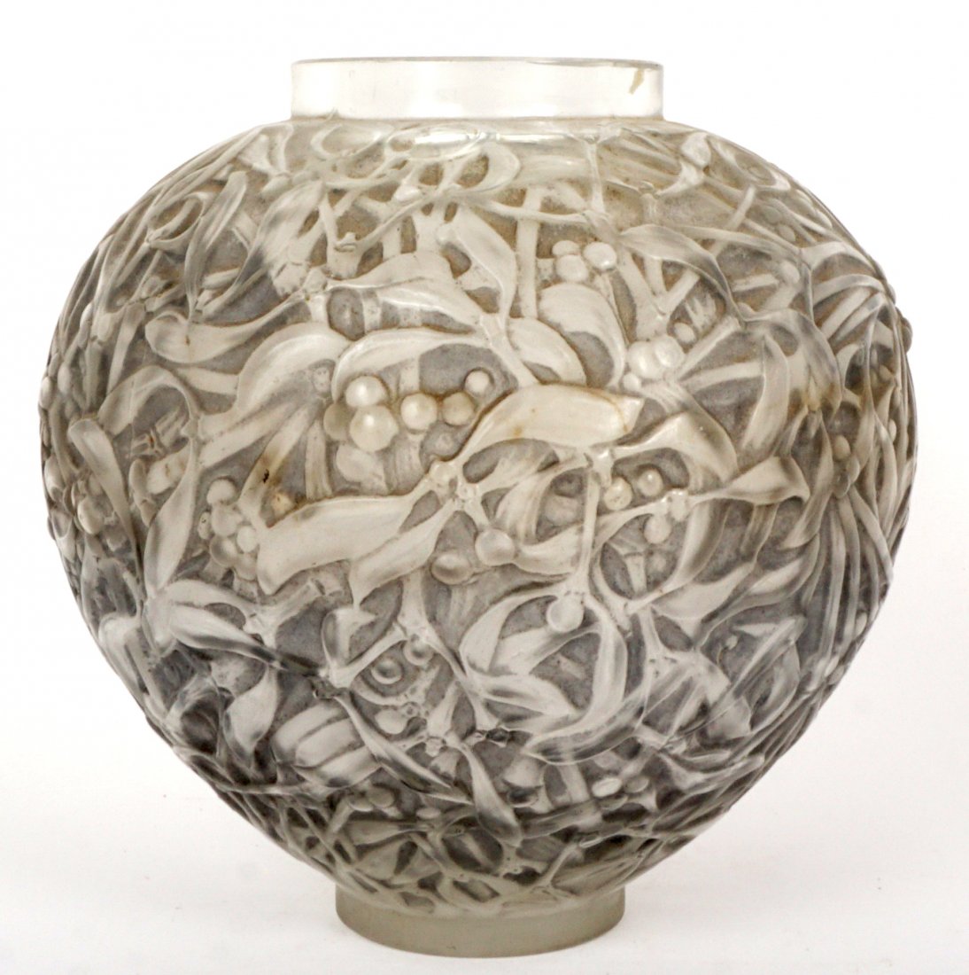 R. Lalique "Gui" Crystal Vase: Grey tone molded vase in the Gui or Mistletoe pattern, raised R. Lalique signature, etched Paris, overall 6.75" h. x 7". Condition: Top rim chip, fleabites, scratches and abrasions to base.