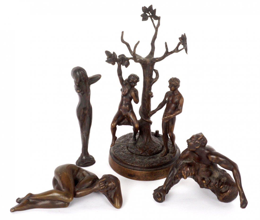 Four Austrian Erotic Bronzes to include Namgreb: Four pieces total to include 1) Mechanical depiction of Adam & Eve with Eve swinging into Adam from the tree. Signed Namgreb (Franz Bergmann), 6.5" h.. 2) Sleeping nude woman signed Namgreb, 3.75". 3)