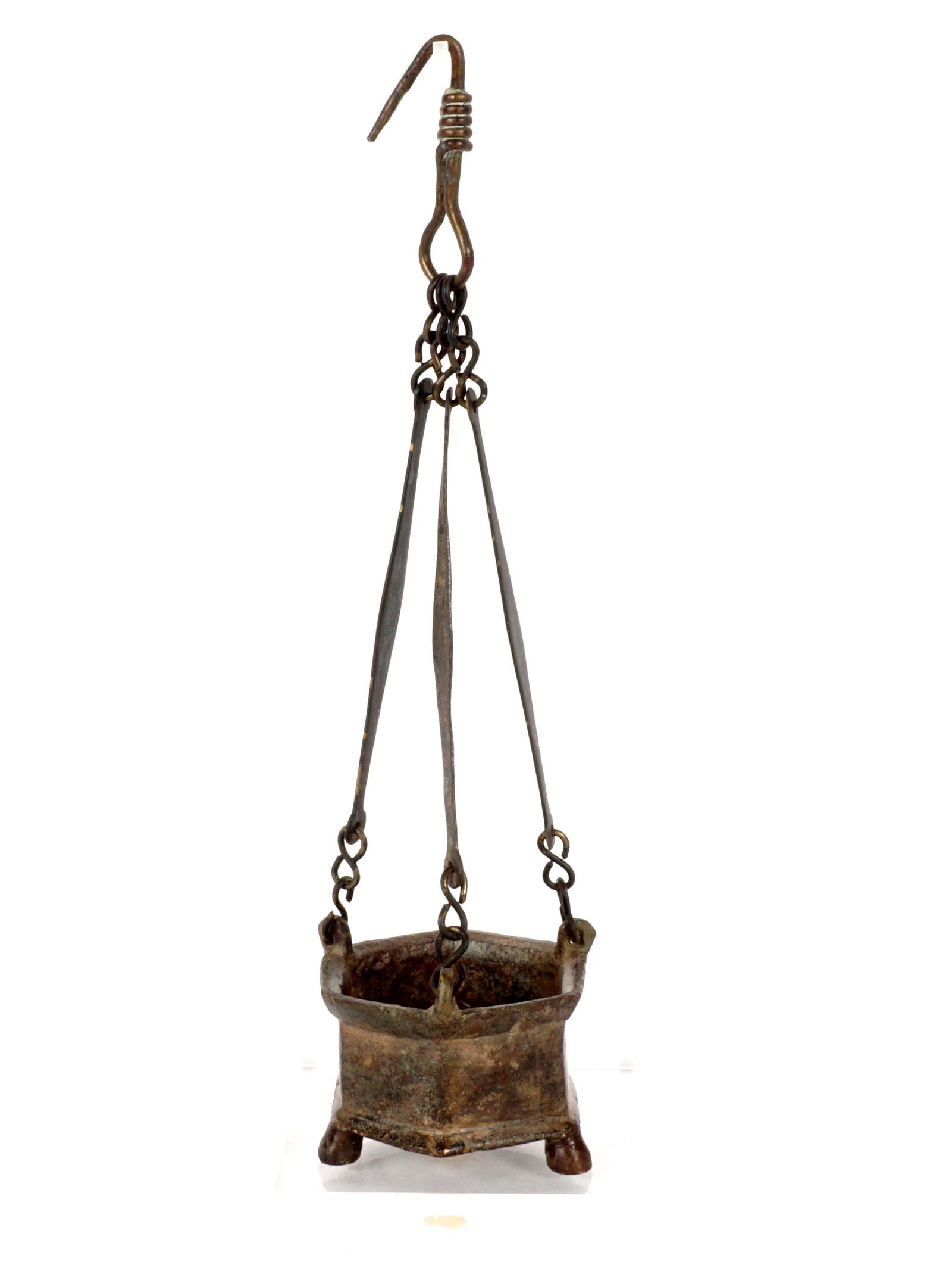 6th C Byzantine Bronze Incense Burner: Hanging bronze incense burner, Byzantine Empire, VI Century, overall 11.25" h. x 3". From a private Florida collection, sold with 1979 certificate from Farid Ziade and a Lucite stand.