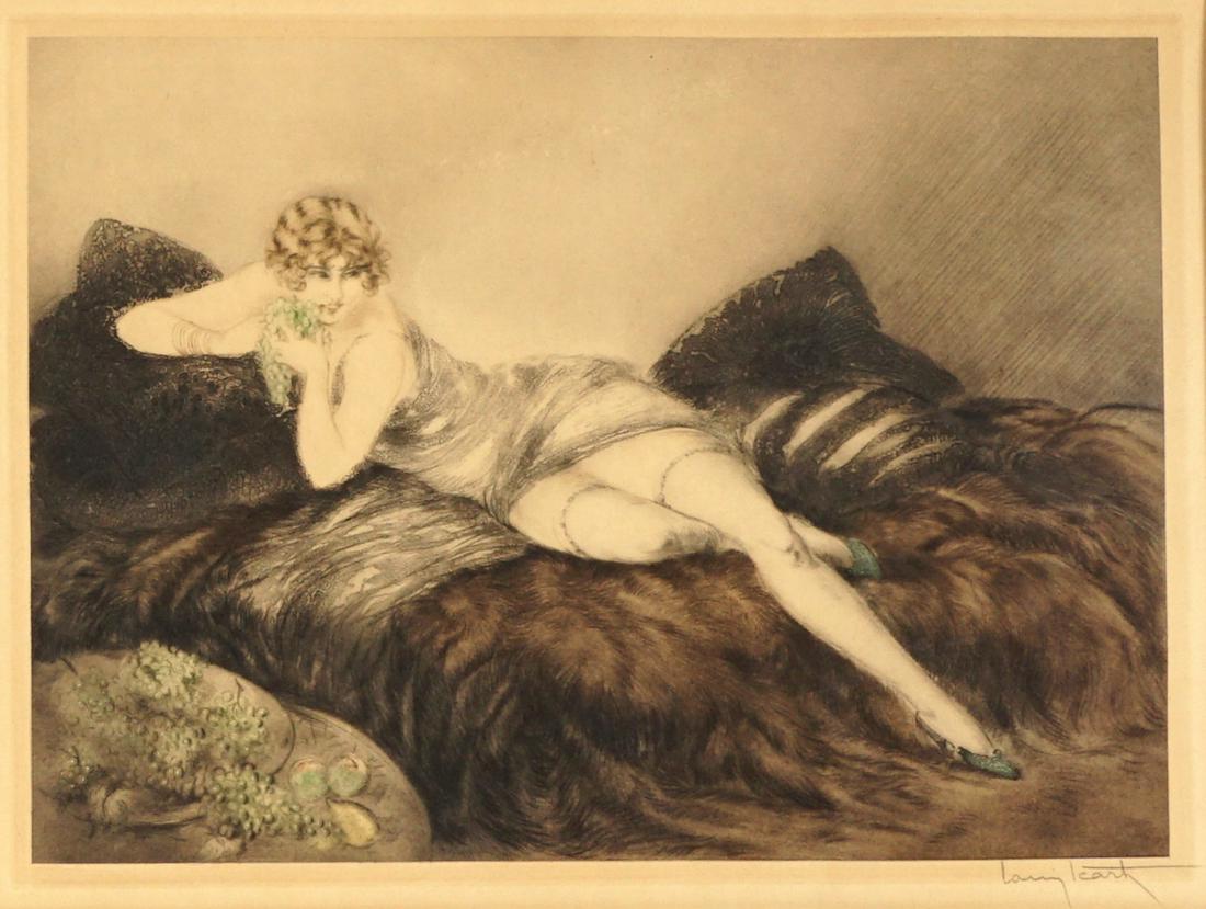 Louis Icart Woman with Grapes Etching & Aquatint: ICART, Louis, (American/French, 1888-1950): Reclining woman grapes in her hand, etching and aquatint on paper, pencil signed lower right, windmill blind stamp lower left, sight size 14.75" x 19.75", 3