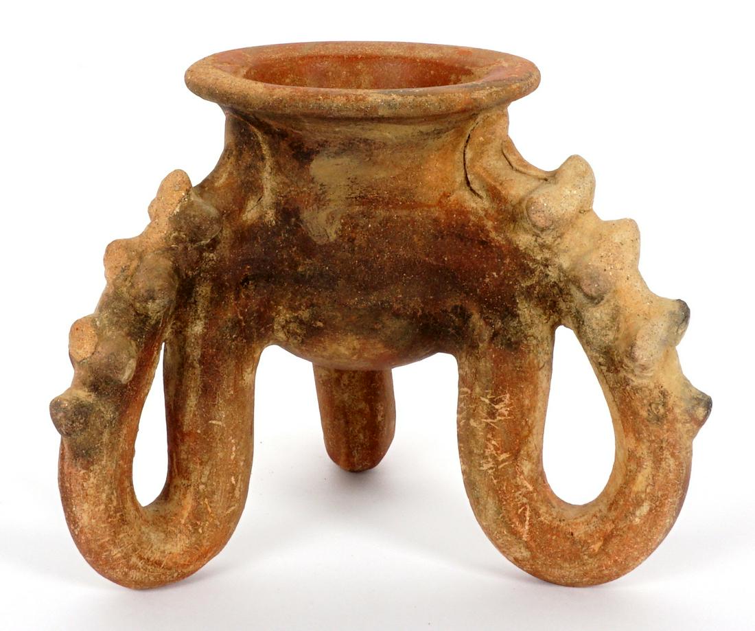 Pre-Columbian Octopus Arms Tripod Vessel: Red clay tripod vessel with stylized octopus arms as legs, overall 7.5" h. x 9" dia.