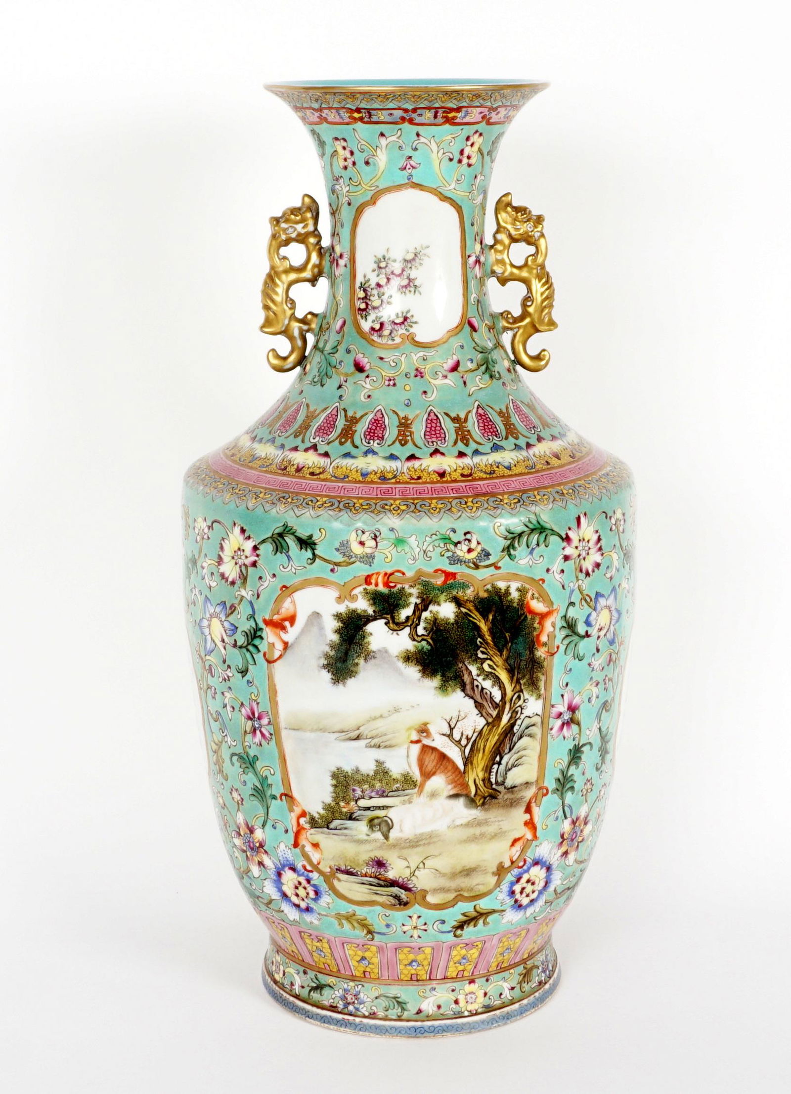 Chinese Republic Period Famille Rose Vase: Baluster form with applied gilt dragon handles, green ground Outdoor genre scenes in reserves ,one with deer, the other with dogs, verses either side under handles, bars a four character Yongzheng mar