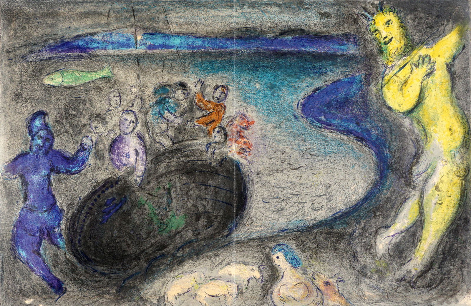 After Marc Chagall Captain Bryaxis's Dream Litho: after CHAGALL, Mark, (French, 1887-1985): "Captain Bryaxis's Dream" from Daphis & Chloe, Lithograph in colors, 16.5" x 25", trimmed with no margins, frame 20.5" x 29.5". Condition: Toning, center fold