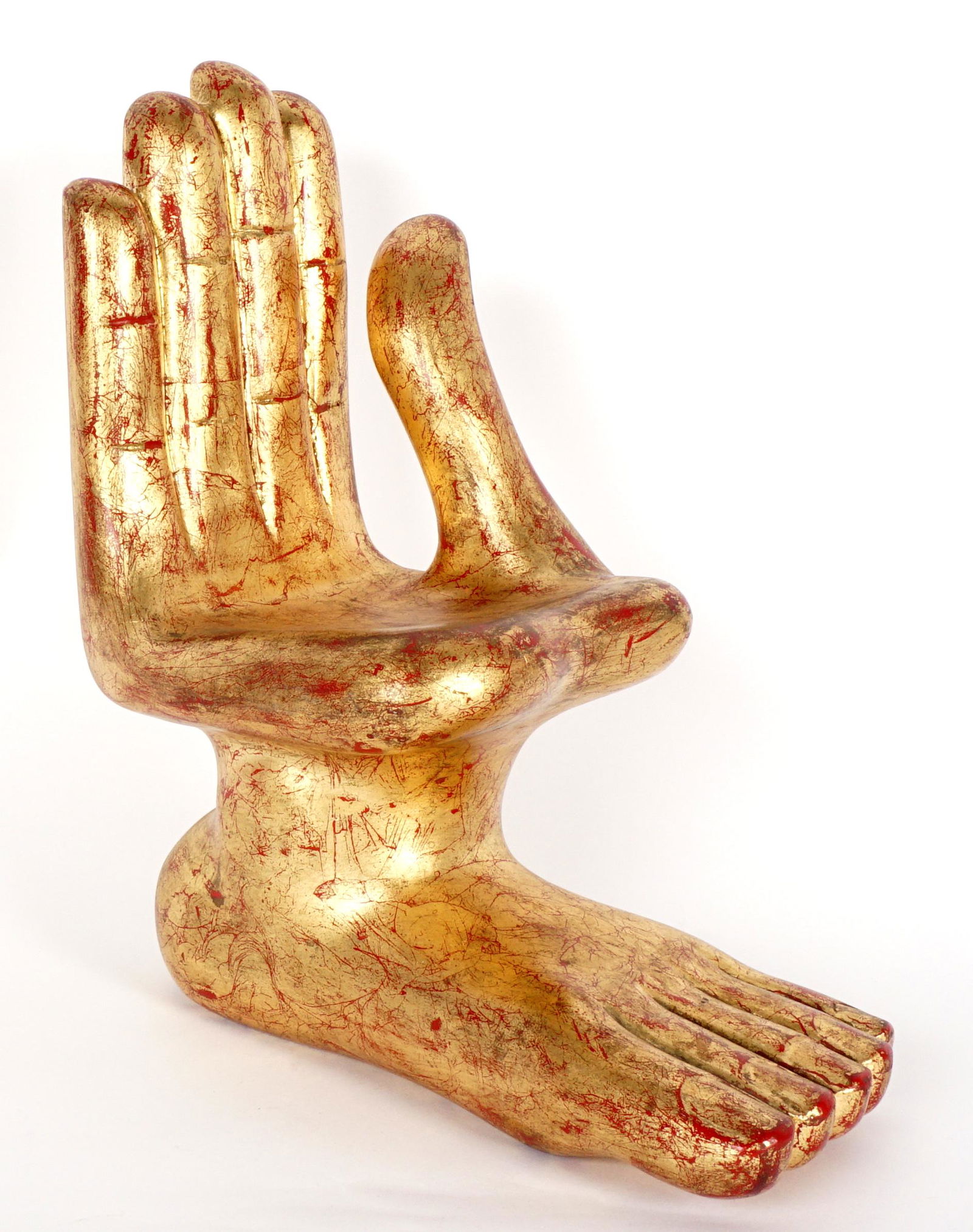Pedro Friedeberg Small Carved Hand Foot Chair: FRIEDEBERG, Pedro, (Mexican, 1936-): Carved wood smaller version of the classic hand foot chair painted red and gold, signed on base of foot. Sold with Los Contemporaneos certificate. Overall 11.5" h.