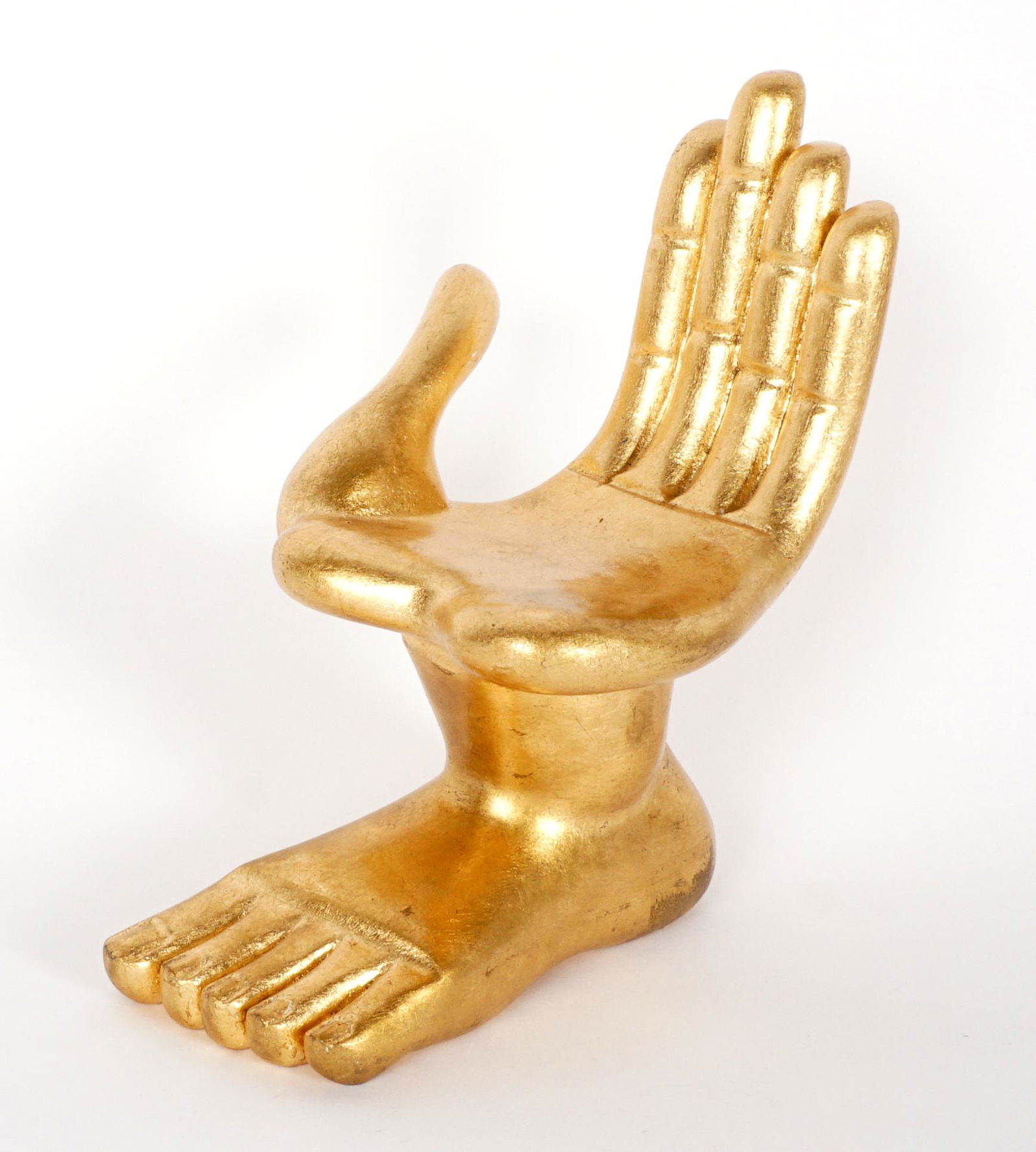 Pedro Friedeberg Small Carved Hand Foot Chair: FRIEDEBERG, Pedro, (Mexican, 1936-): Carved gilt wood smaller version of the classic hand foot chair signed on base of foot. Overall 7.5" h. x 5" x 6.25". From a private Florida / Mexican collection.