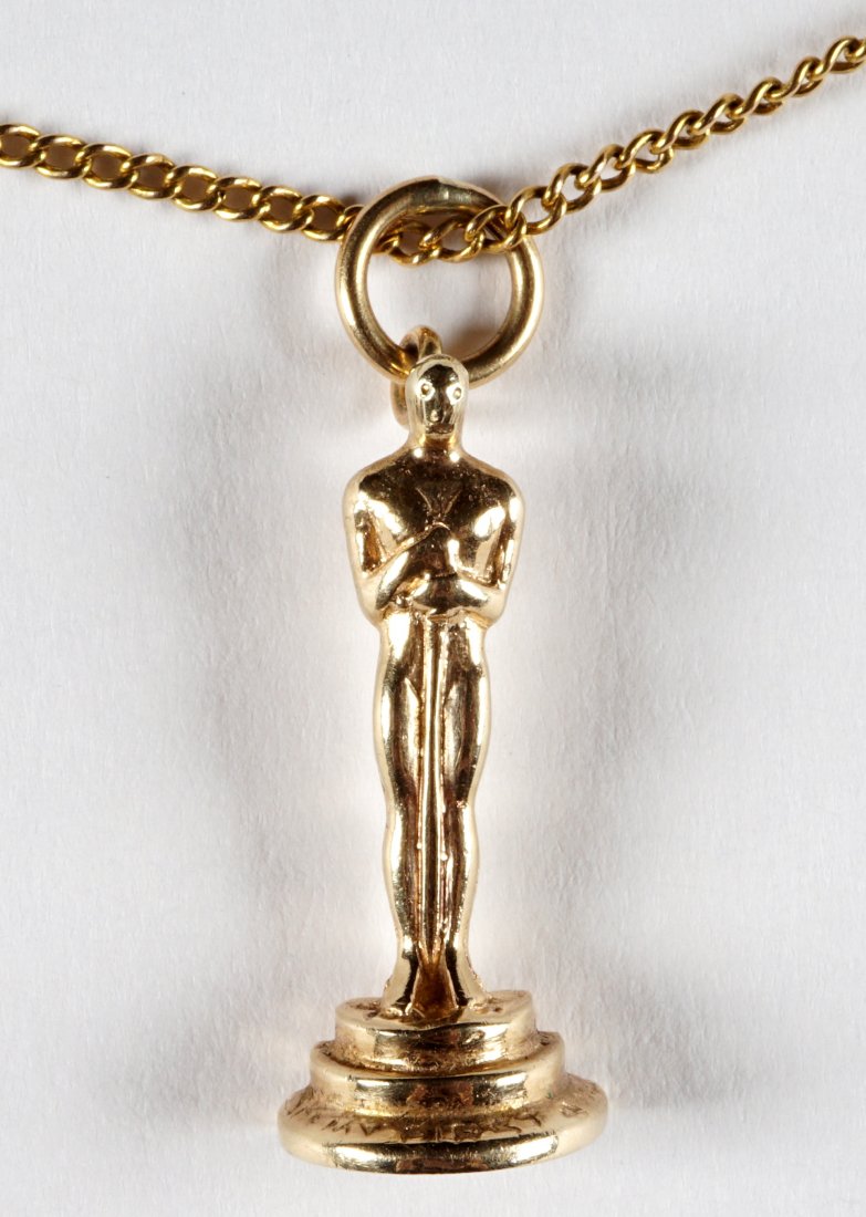Sylvia Miles 14k Gold OSCAR Pendant Necklace: From the estate of Sylvia Miles, 14k representation of the Academy Awards OSCAR statue. Mrs. Miles was twice nominated for the Best Supporting Actress for Midnight Cowboy and Farwell, My Lovely. Statu