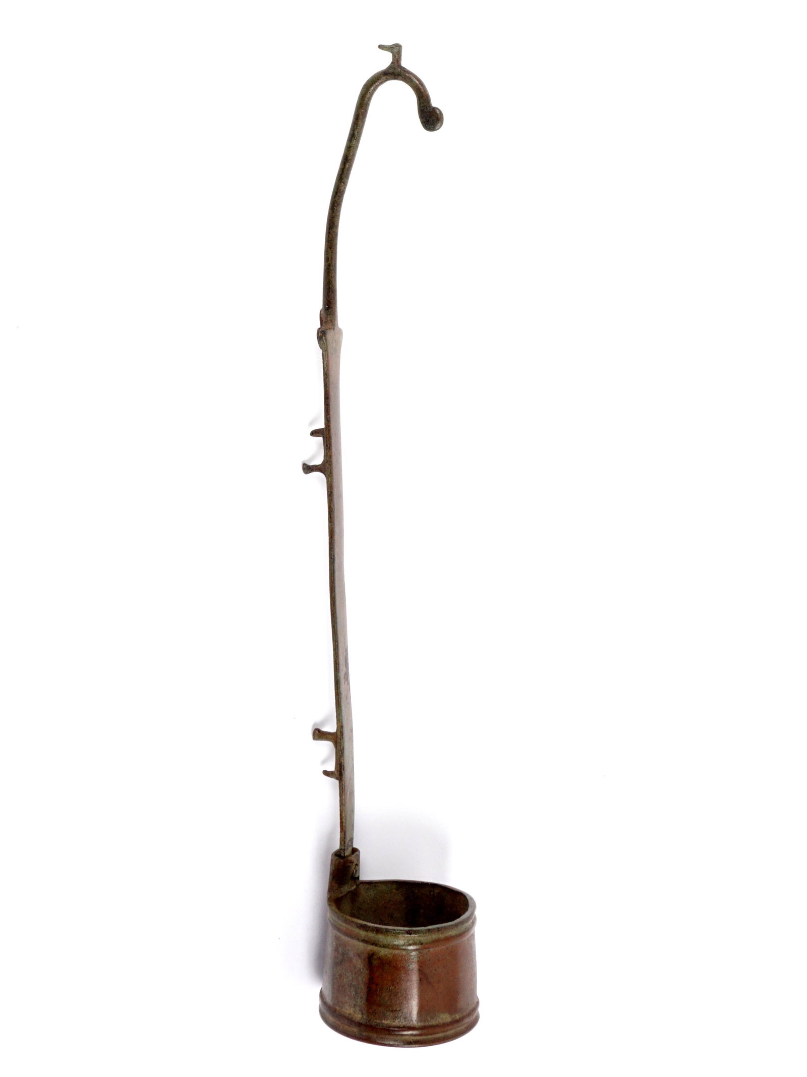 Roman 1st C. Bronze Ladle: Long bronze ladle hinged at bowl, etched design on back, Roman 1st Century, 14.5" long. From a private Florida collection, sold with 1979 certificate from Farid Ziade and a Lucite stand.