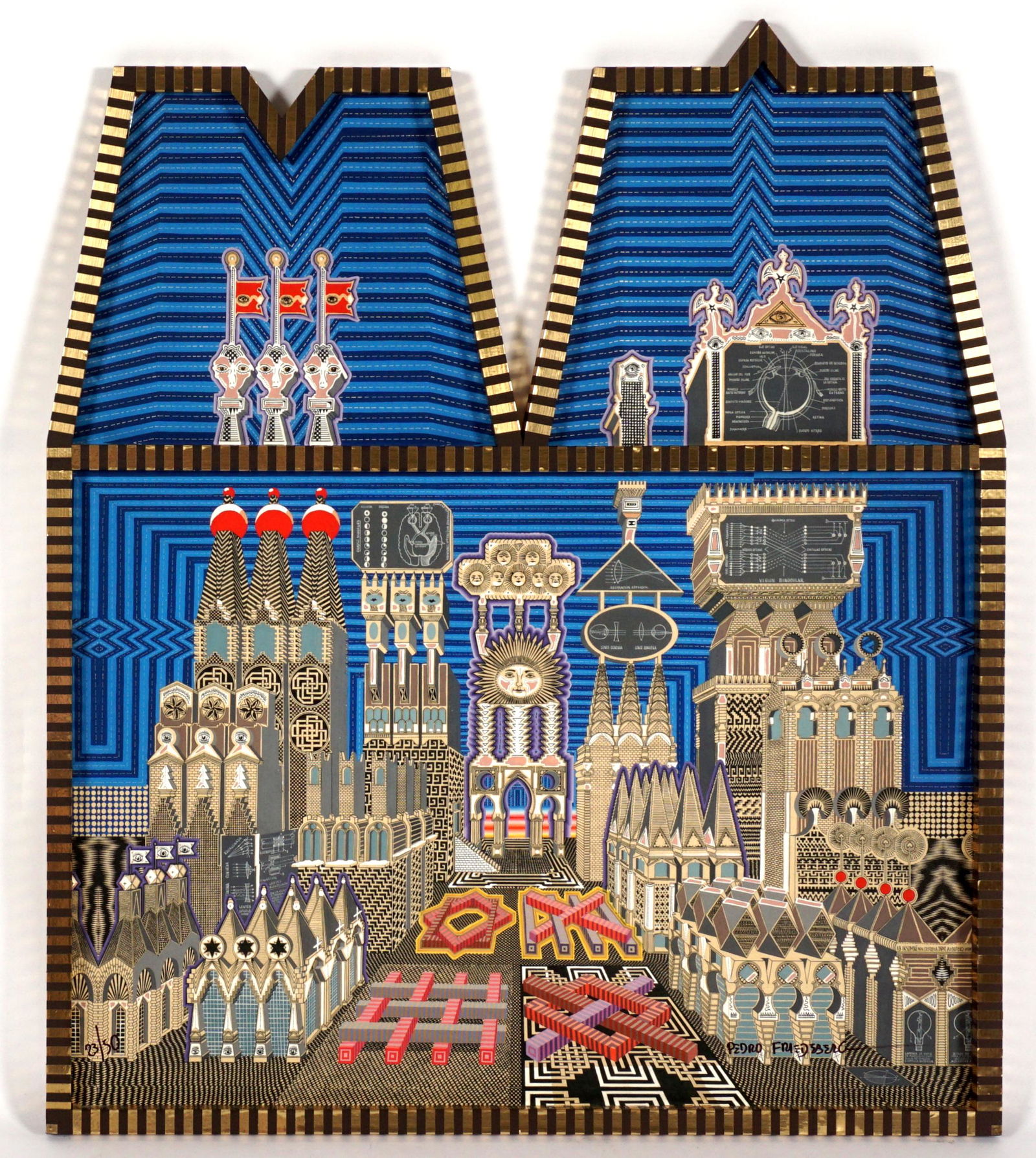 Pedro Friedeberg Architectural Serigraph: FRIEDEBERG, Pedro, (Mexican, 1936-): Architectural form framed serigraph in colors, stylized town scene, signed lower right, numbered 23/50 lower left, overall 35.5" x 30.5".